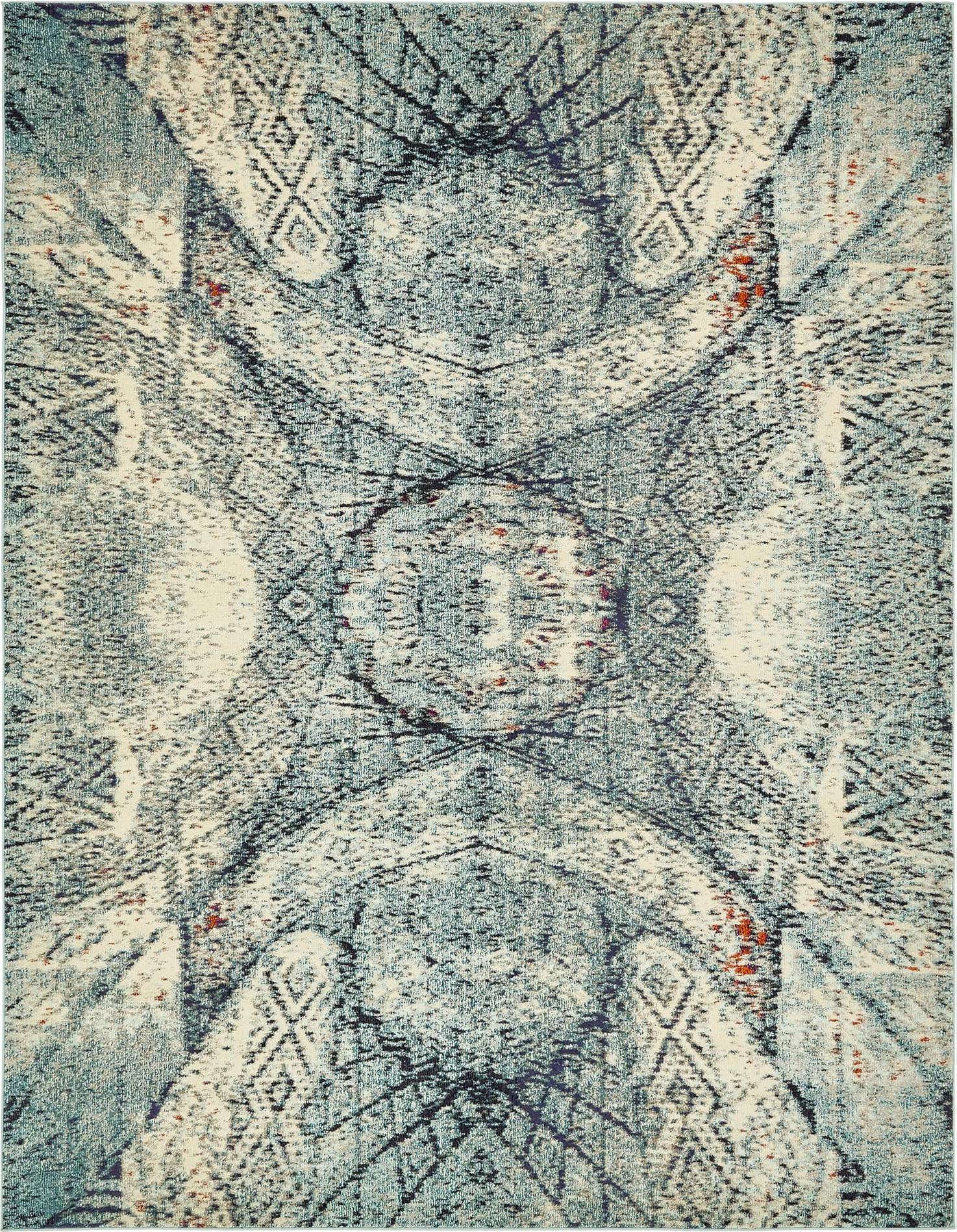 A 9x12 rectangular Carnevale rug featuring a distressed blue and cream medallion pattern with hints of rust, ideal for a living room.