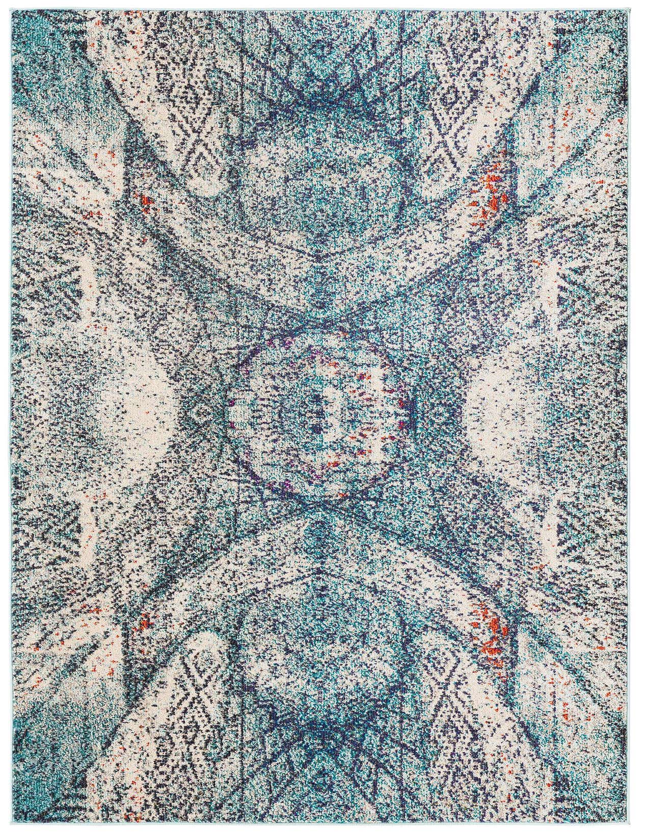 A 5x8 rectangular area rug featuring a distressed medallion pattern in various shades of blue, white, and subtle orange accents.