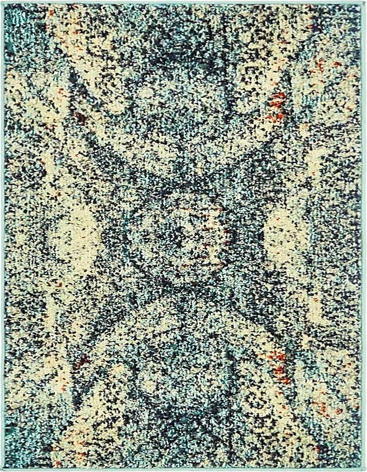 A 2x3 rectangular Carnevale rug featuring a distressed blue, cream, and subtle orange medallion pattern, ideal for a kitchen or entryway.