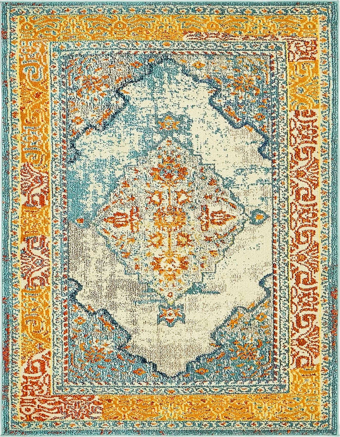 A 4x6 rectangular indoor rug featuring a distressed medallion pattern in blues, orange, and cream with a gold border.