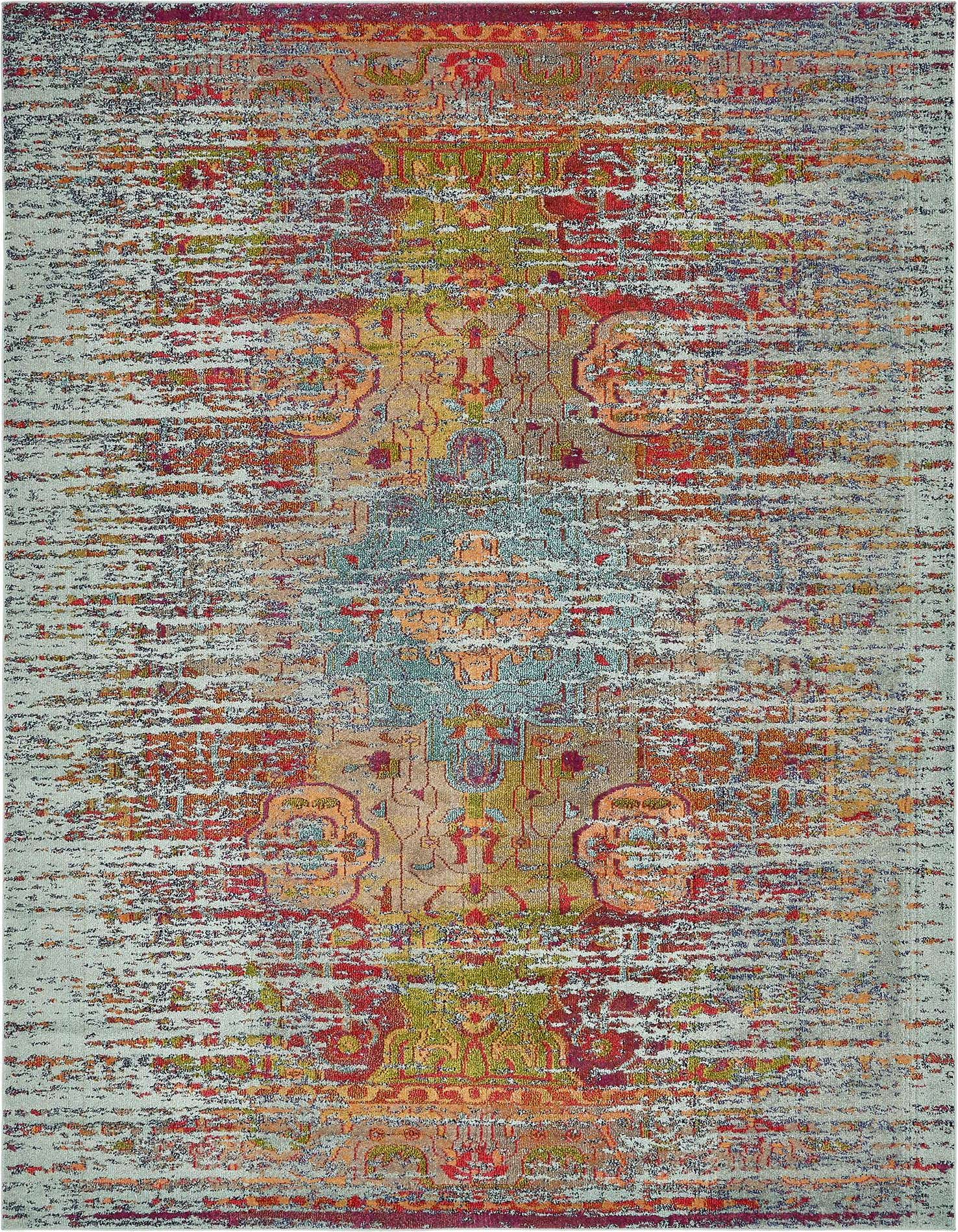 A 9x12 rectangular indoor rug featuring a distressed bohemian medallion pattern in vibrant blues, reds, oranges, and greens.