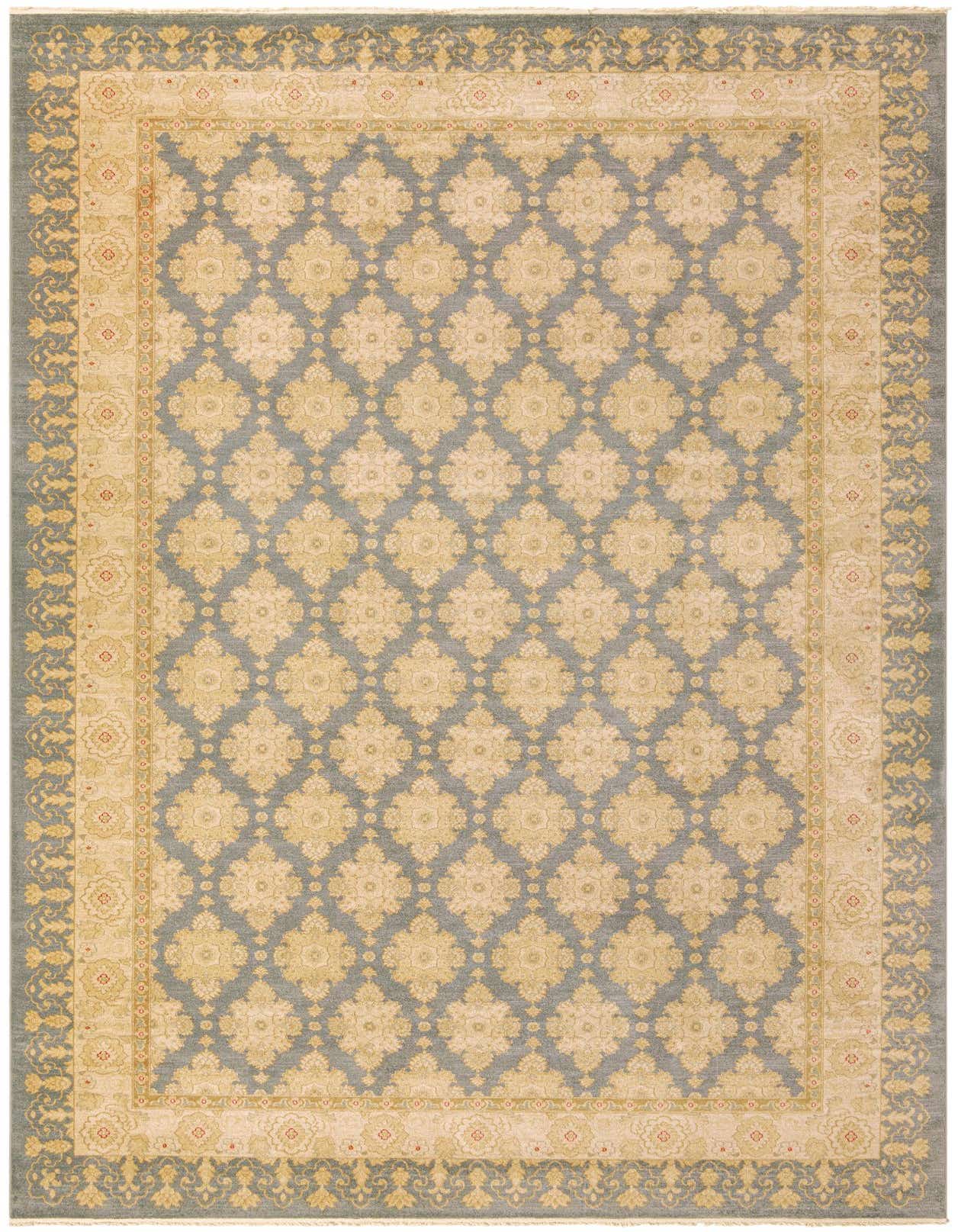 A rectangular blue and beige traditional Chelsea Palace rug with a repeating floral and botanical pattern, ideal for a living room or bedroom.