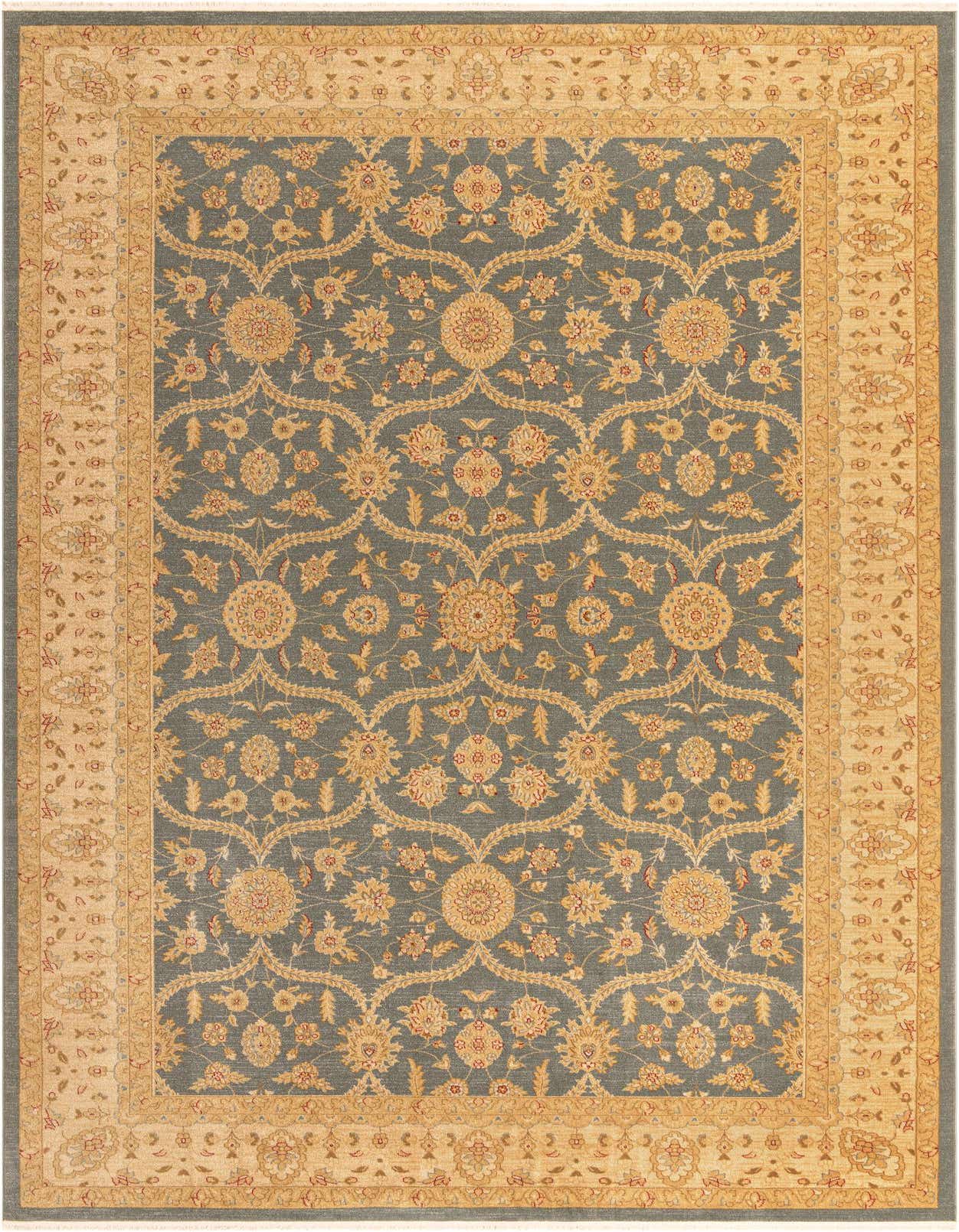 A rectangular blue and gold traditional area rug with an intricate botanical and floral pattern, ideal for a living room or bedroom.