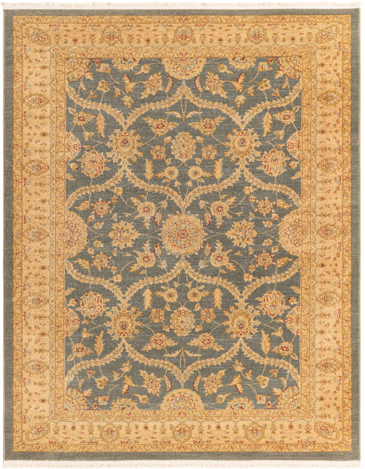 A 5x8 rectangular Chelsea rug in blues, featuring a traditional botanical pattern with gold and red accents, ideal for a living room.