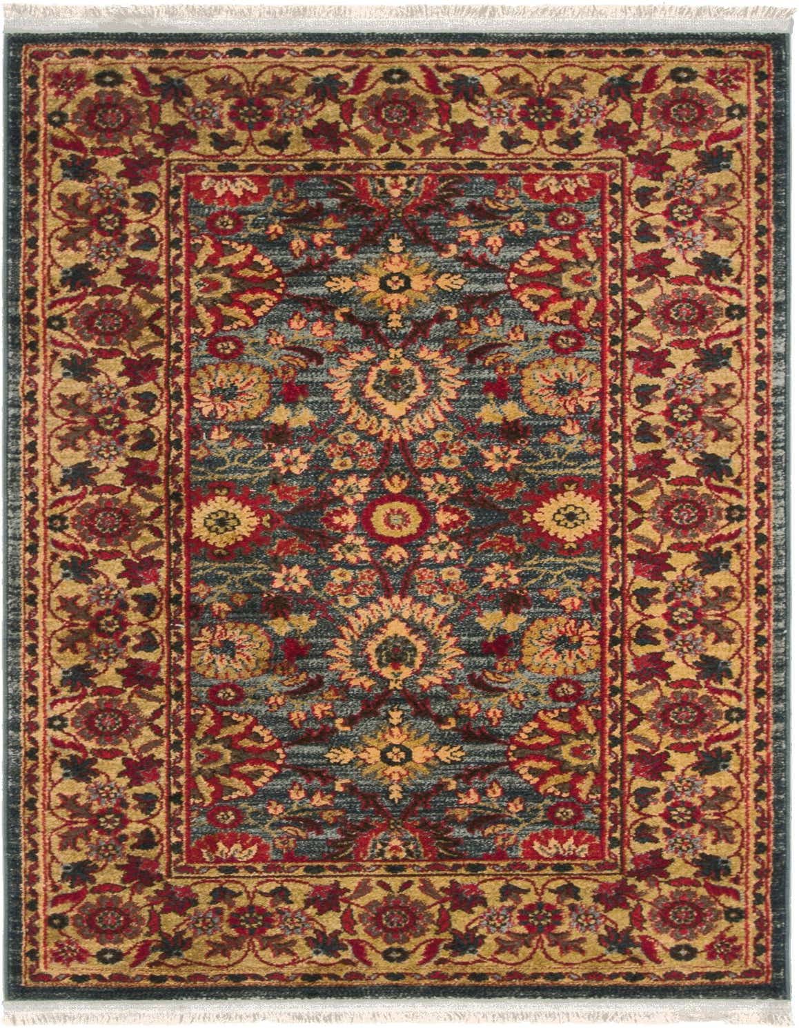 A 3x5 rectangular indoor rug featuring a traditional floral pattern in shades of blue, red, and gold, with a medium pile.