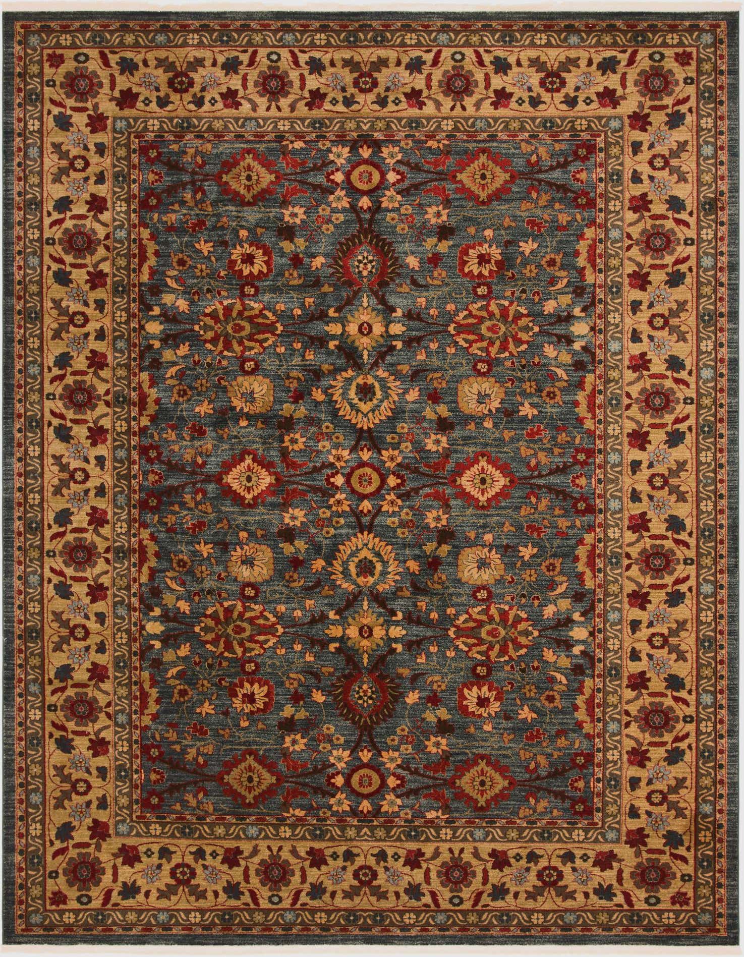 A 10x13 rectangular Chelsea rug with a traditional floral pattern in shades of blue, red, and gold, perfect for a living room.