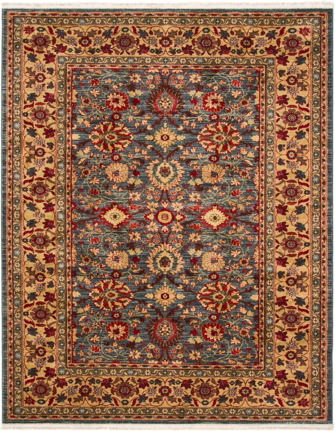 A 6x9 rectangular Chelsea area rug featuring a traditional floral pattern in blues, reds, and gold.