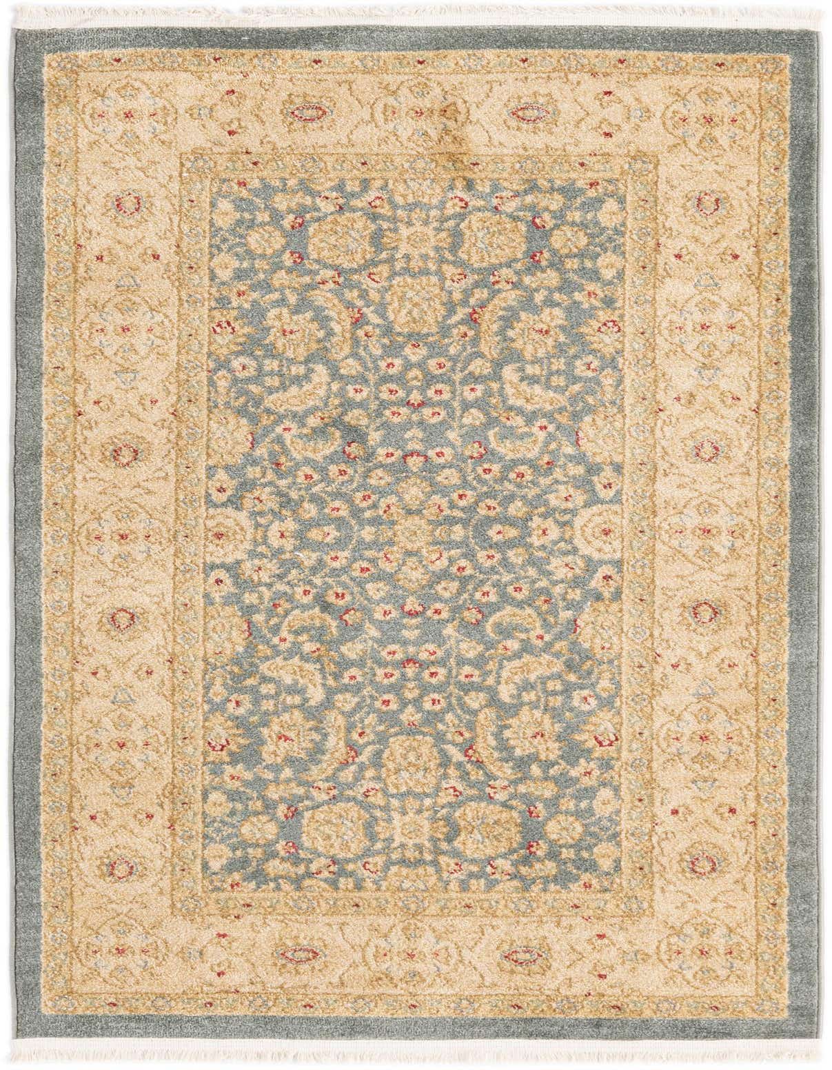 A 3x5 rectangular Chelsea rug featuring a blue field with gold and red floral patterns, framed by a wide gold border with intricate designs and a thin blue outer border.