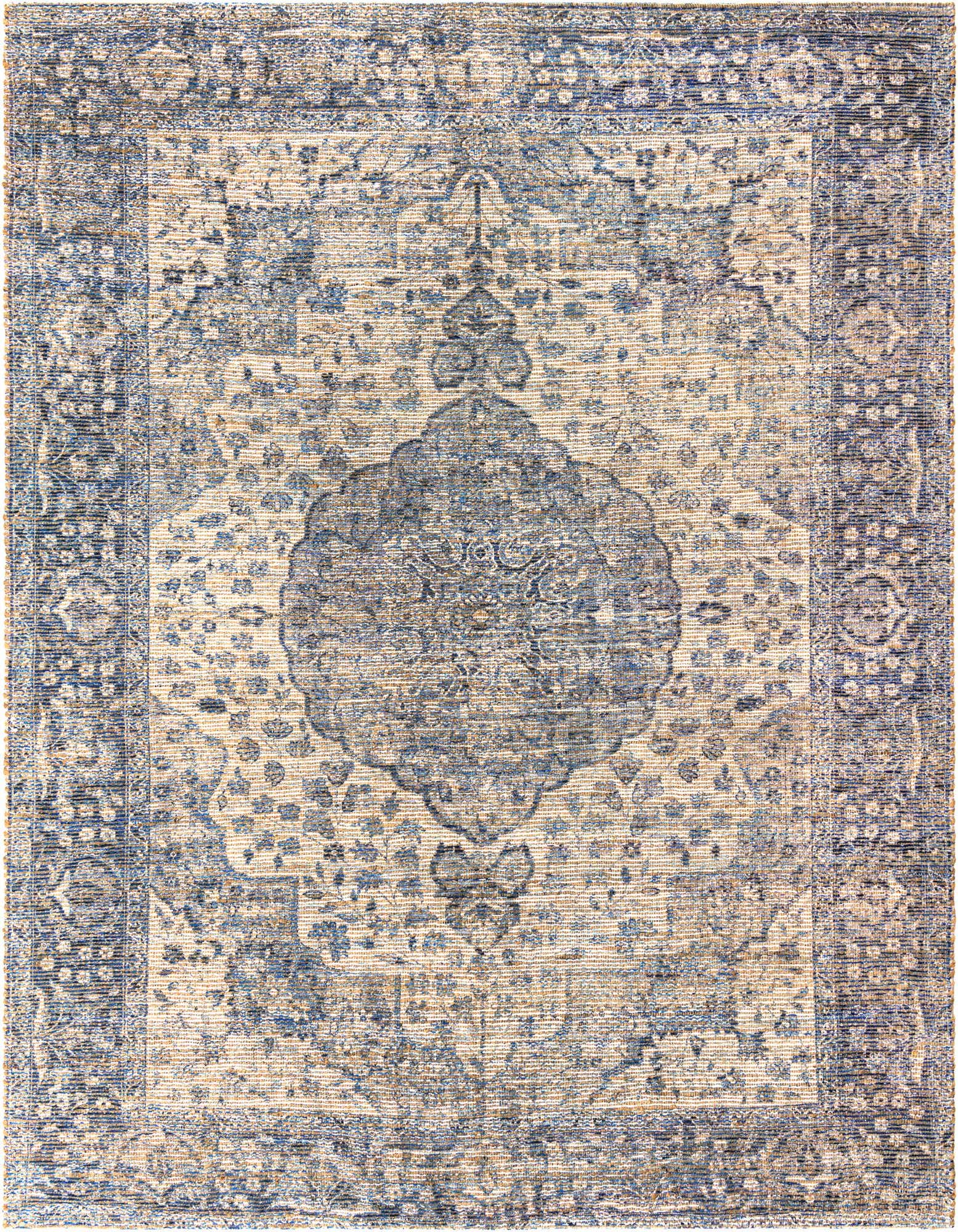 A 9x12 rectangular indoor rug featuring a distressed blue and beige traditional medallion pattern with a subtle border.