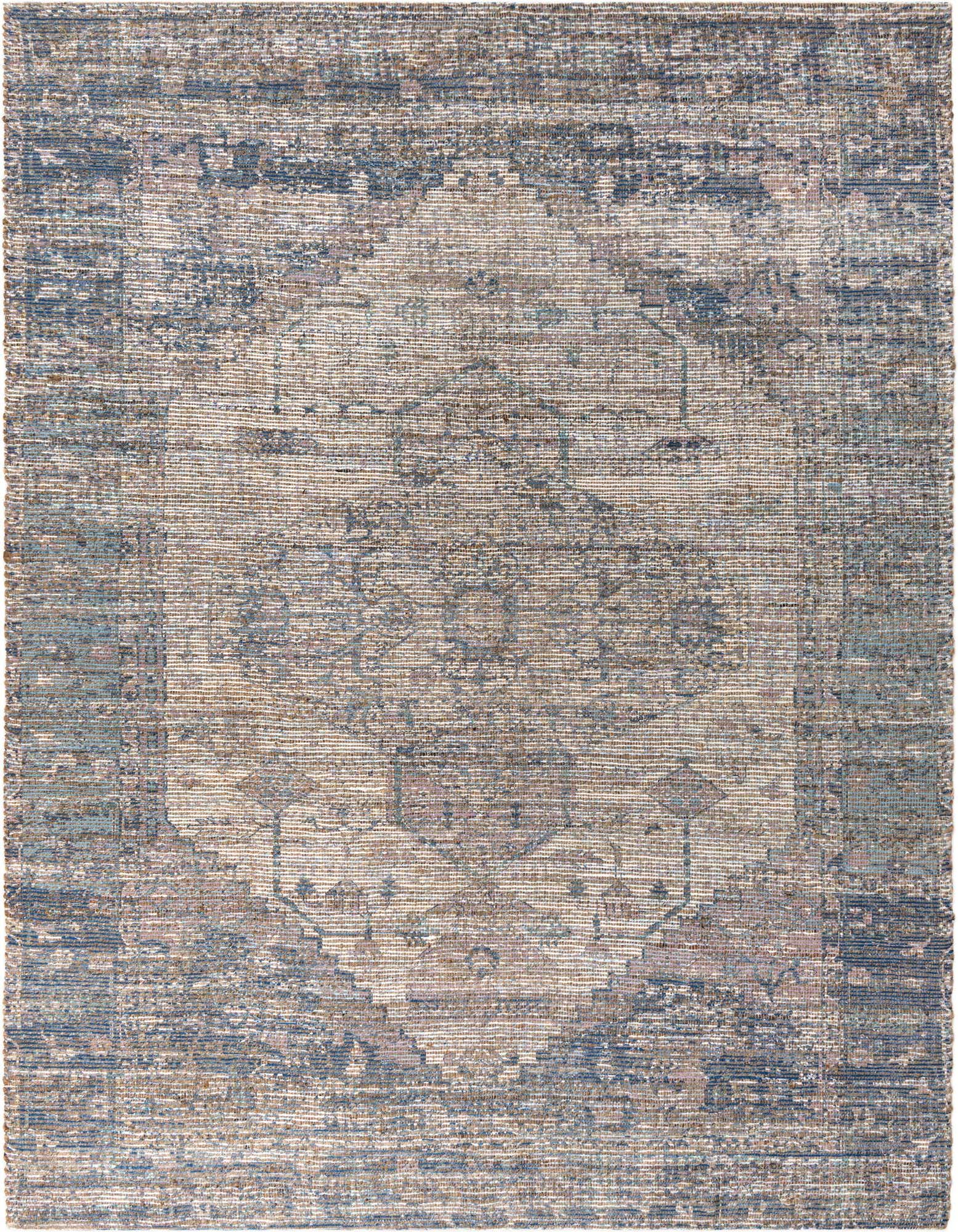 An 8x10 rectangular flatweave rug featuring a faded blue and beige oriental medallion pattern, suitable for an indoor living space.
