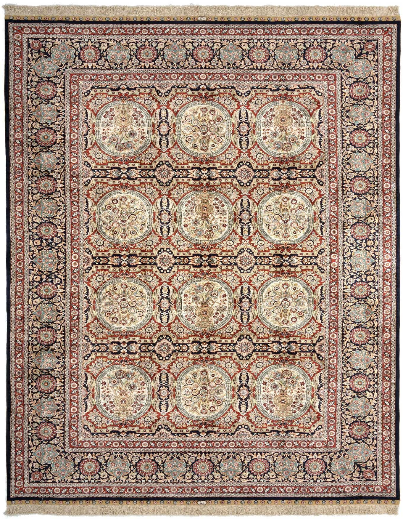 A luxurious 7x10 rectangular China collection rug featuring a detailed blue border and intricate traditional patterns in cream, red, and gold, perfect for a living room.