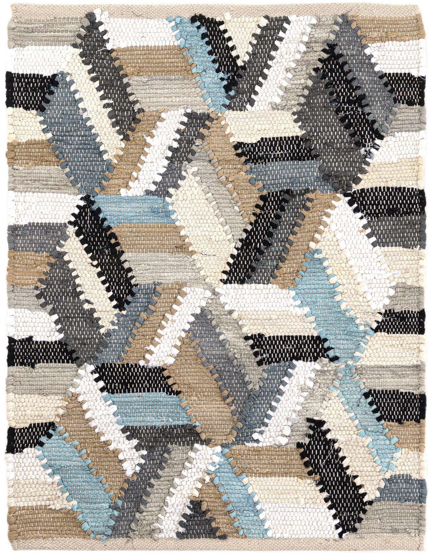 A 2x3 rectangular Chindi Cotton rug featuring a modern abstract pattern in blues, white, black, and natural tones, showcasing its textured, flatweave design.