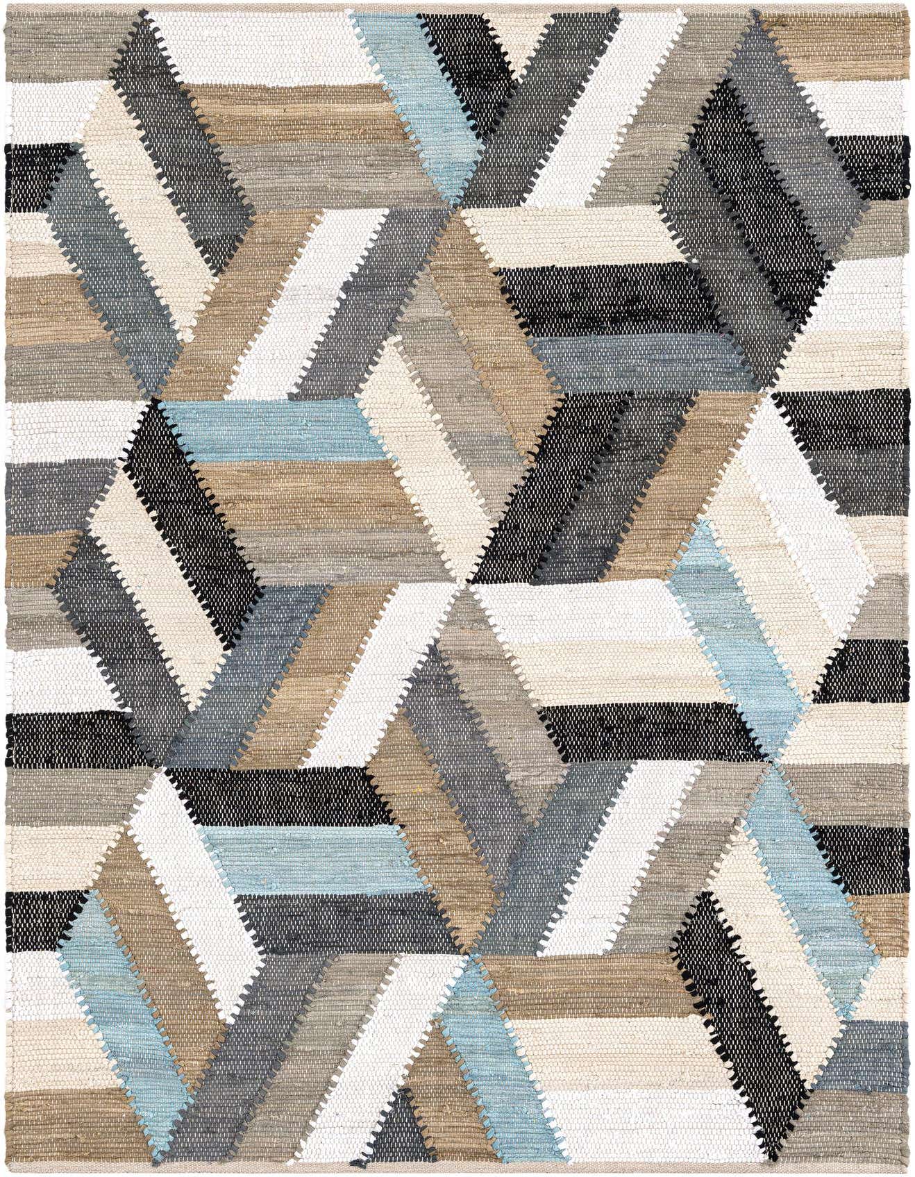 A 4x6 rectangular Chindi Cotton rug featuring a contemporary abstract geometric pattern in blues, grays, black, white, and natural tones.