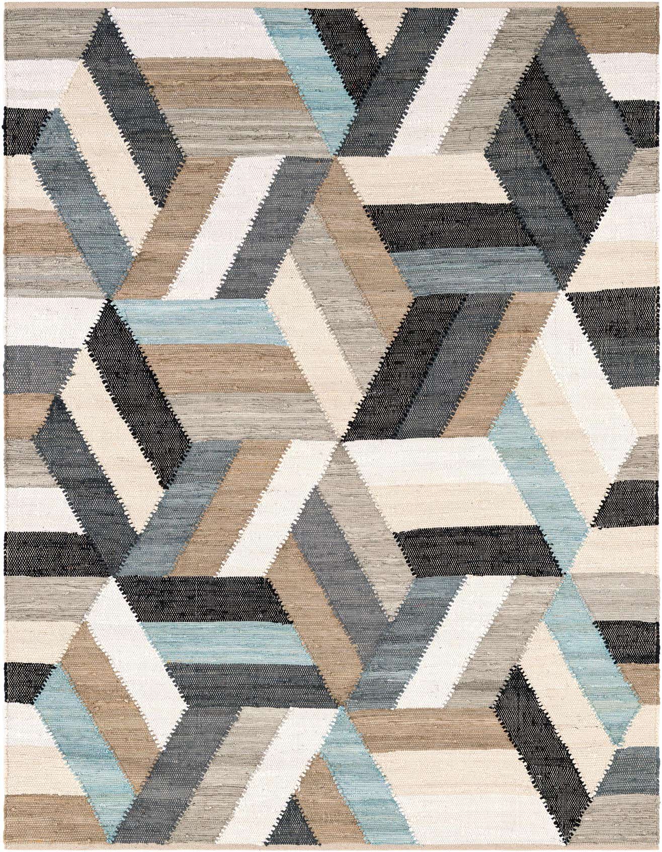 A 6x9 rectangular Chindi Cotton rug with a modern geometric pattern in shades of blue, black, beige, and white.