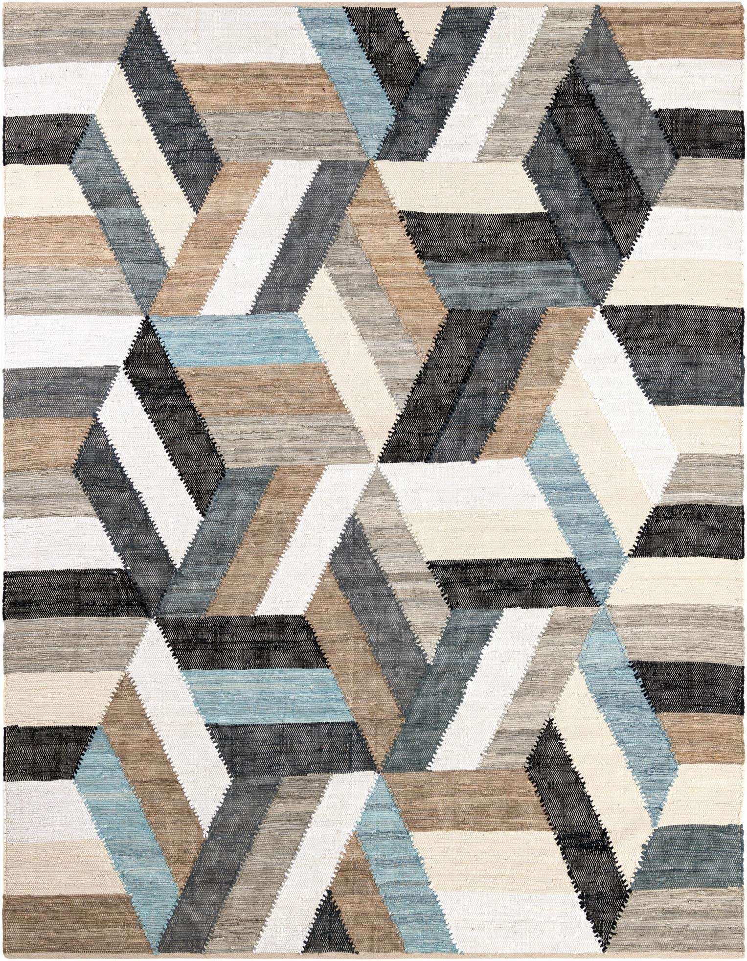 A rectangular 8x10 Chindi Cotton rug featuring a modern abstract geometric pattern in blues, browns, grays, black, and off-white.