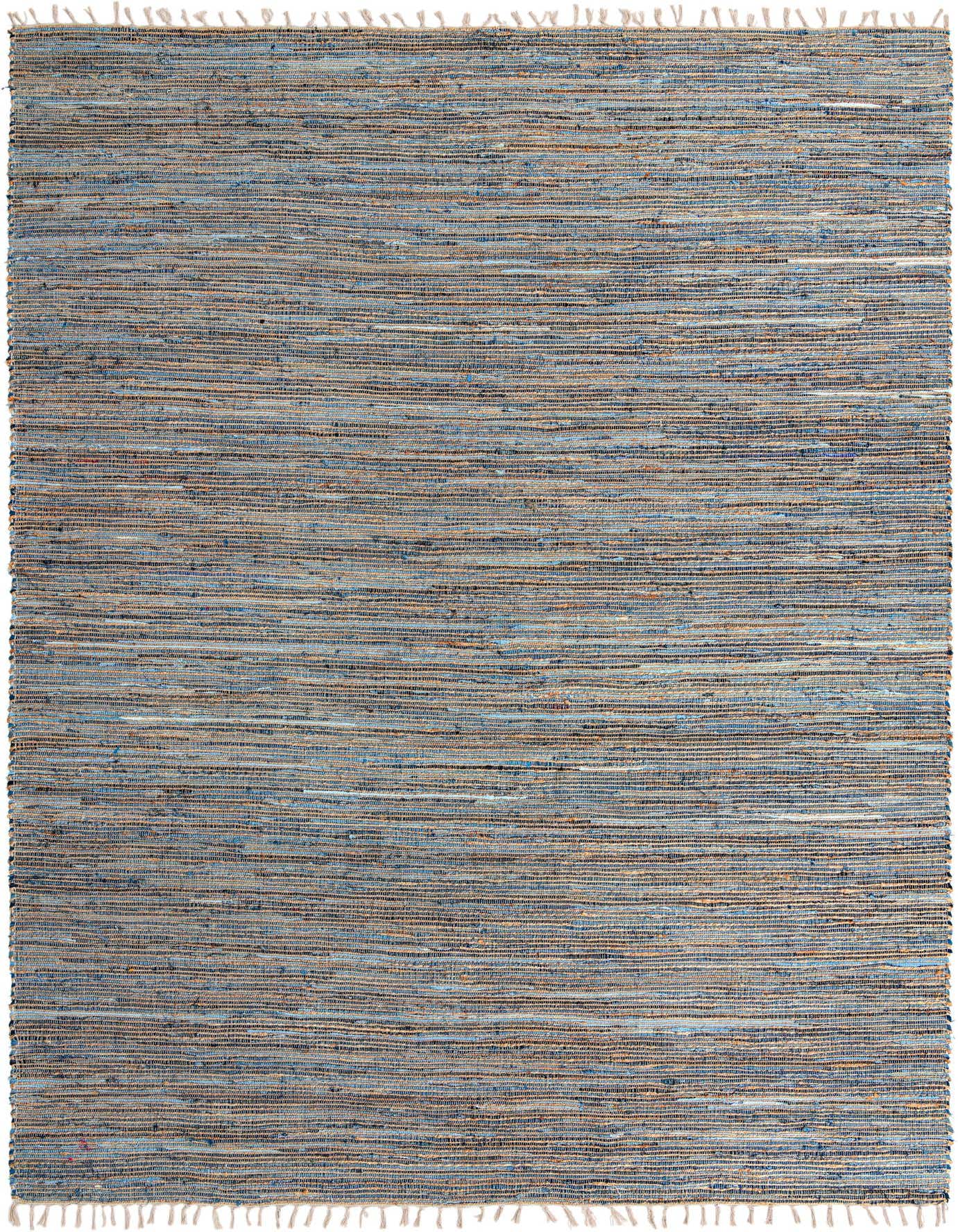 A 10x14 rectangular blue Chindi Jute rug with a textured, flatweave pattern and fringe.