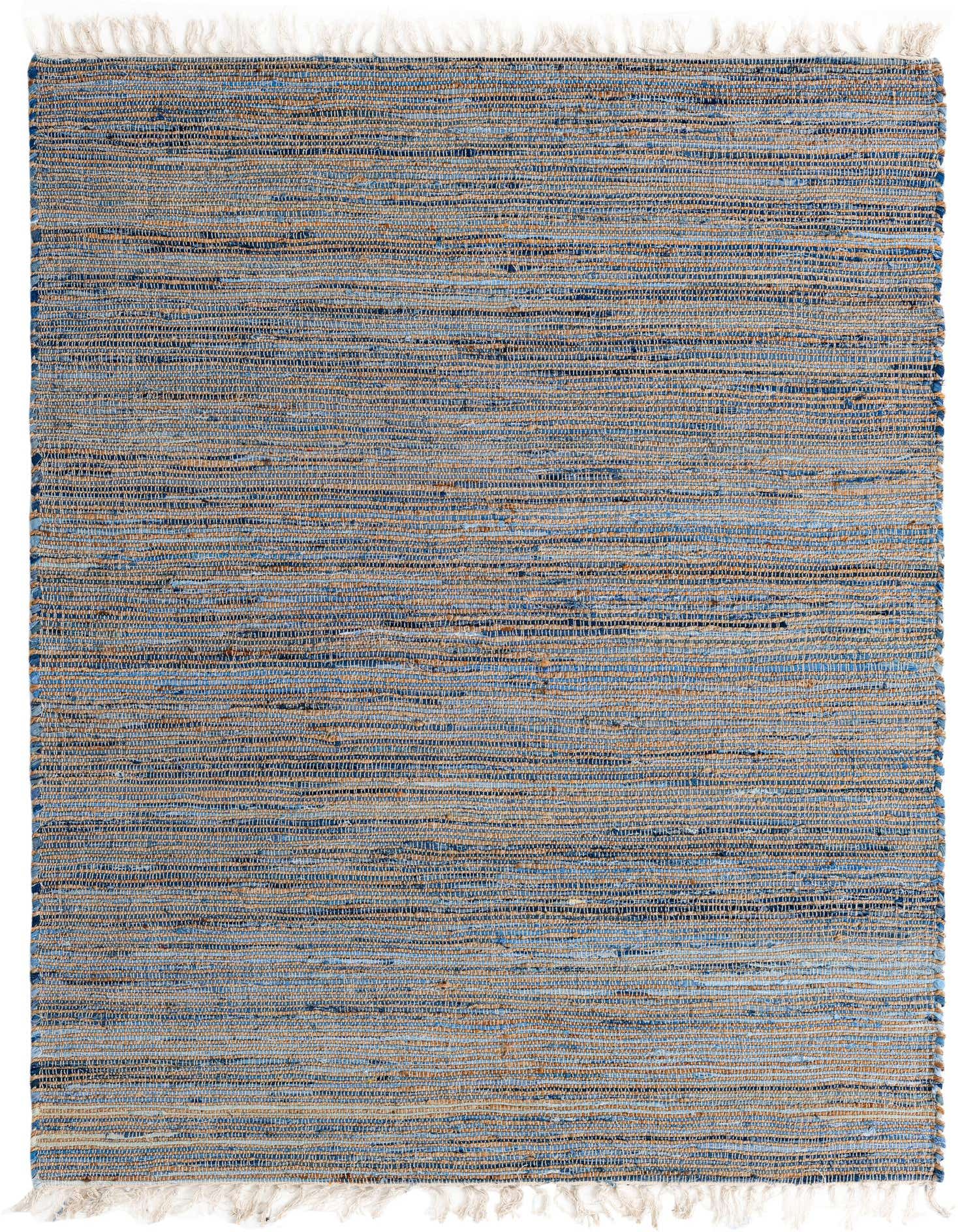 8x11 rectangular blue and natural jute rug with a textured flatweave and fringe, suitable for a living room.