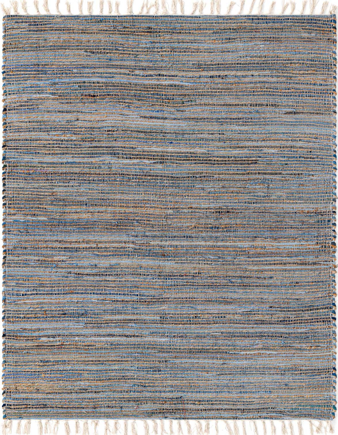 A 5x8 rectangular blue and natural jute flatweave rug with a textured, striped pattern and fringe.