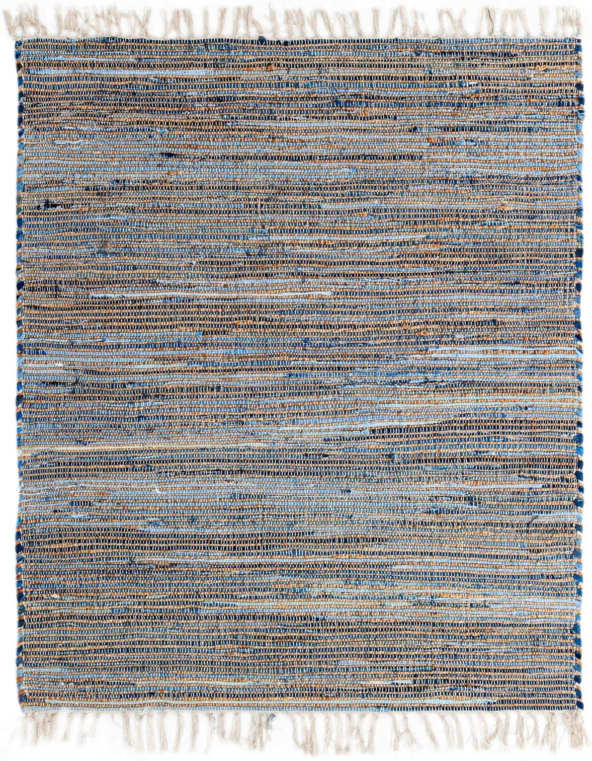 A 4x6 rectangular Chindi Jute rug in varying shades of blue and natural jute, featuring a textured flatweave and fringe.