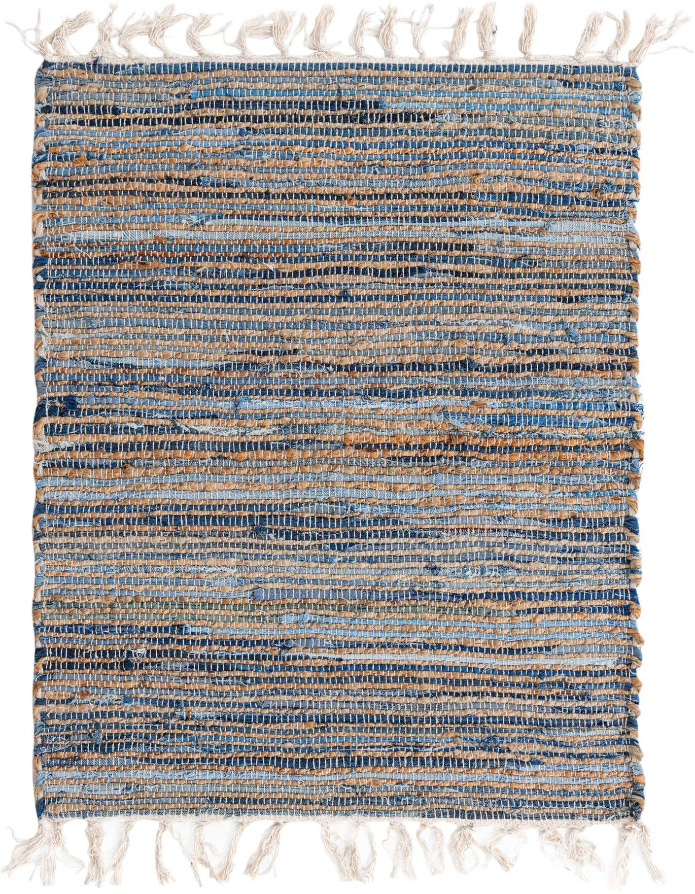 A 2x3 rectangular Chindi Jute rug featuring alternating stripes of various blues and natural jute, with fringed ends.