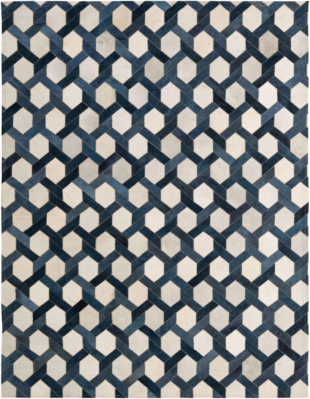 A 5x8 rectangular Cowhide - Patchwork rug featuring a modern geometric pattern in various shades of blue and off-white.