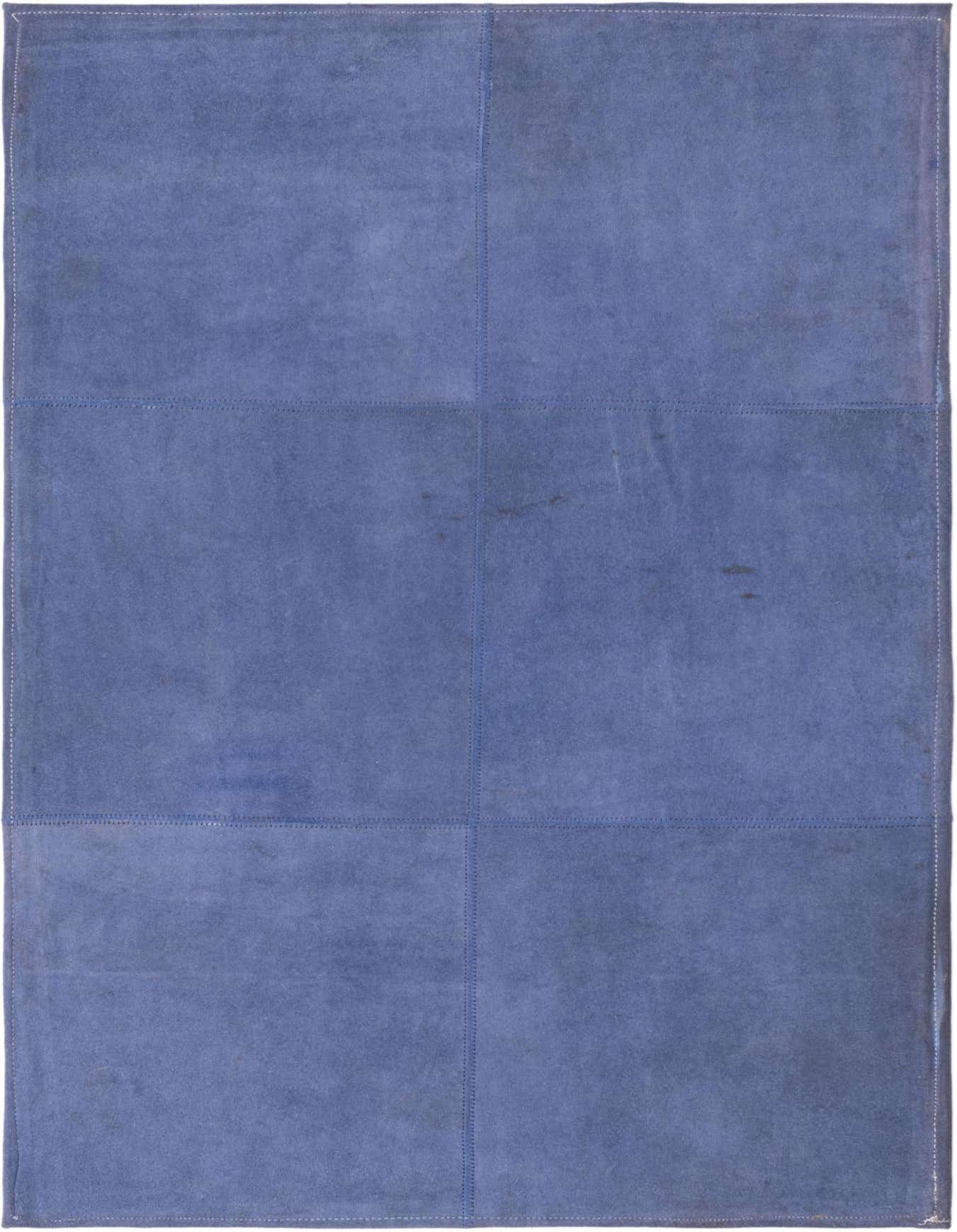 A 2x3 rectangular blue cowhide leather rug featuring a modern patchwork design with visible stitching, ideal for a kitchen or entryway.