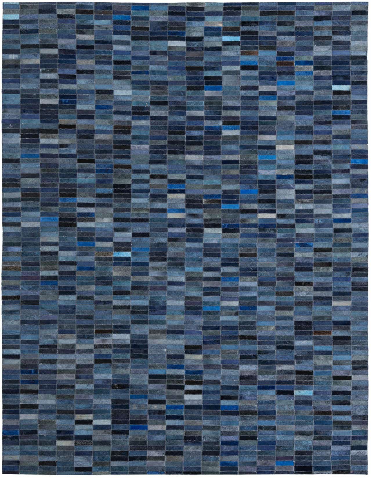 A 5x8 rectangular Cowhide Leather rug featuring a modern stripe pattern in various shades of blue, ideal for a living room.