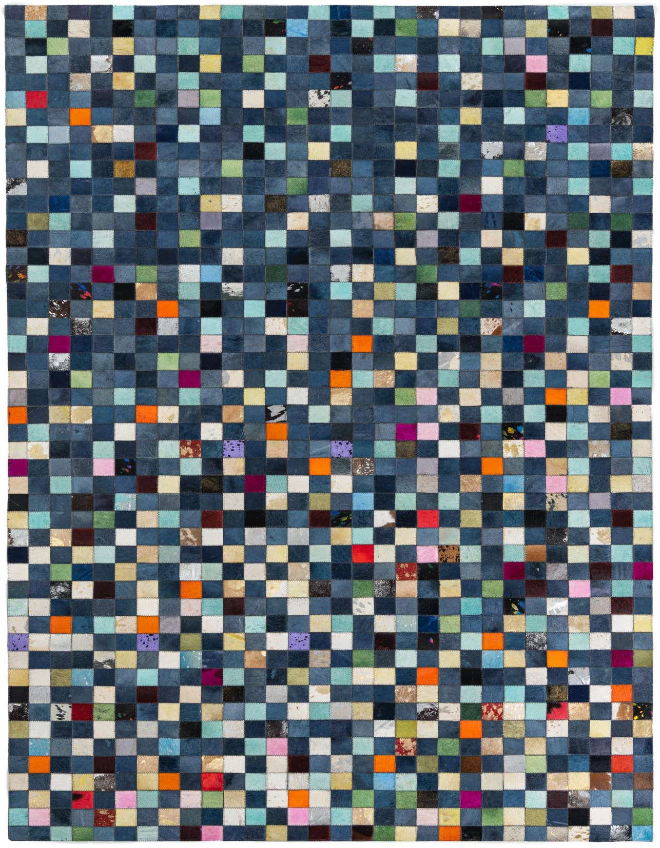 A 5x8 rectangular Cowhide Leather rug featuring a modern patchwork of various blue shades with colorful accent squares.