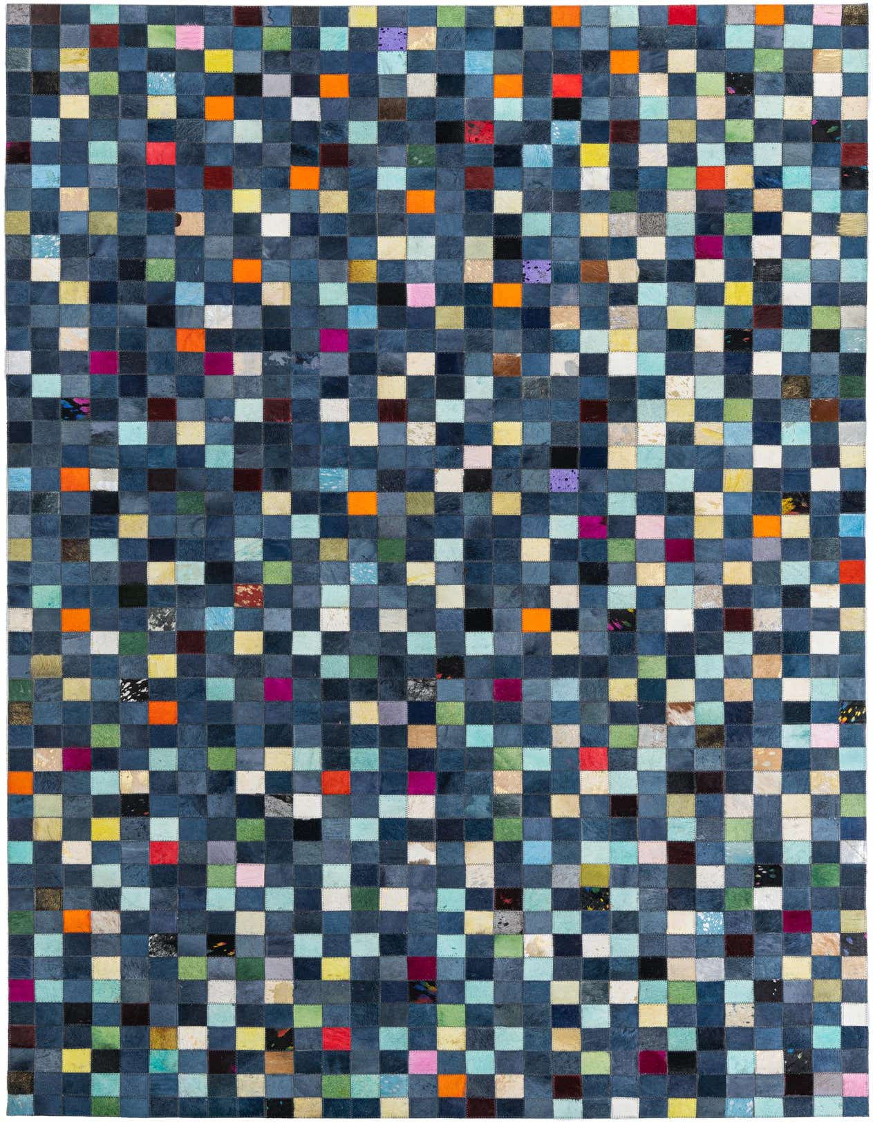 A 5x8 rectangular Cowhide Leather rug featuring a modern, abstract patchwork of various blue, green, orange, pink, and white squares.
