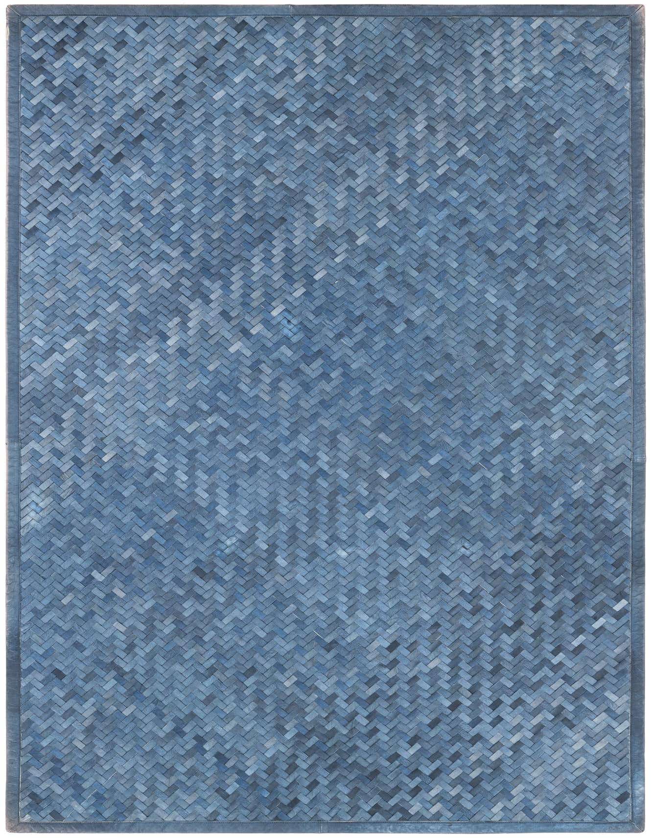 A 4x6 rectangular Rugs.com Cowhide Leather rug in various shades of blue, featuring a modern abstract herringbone pattern.