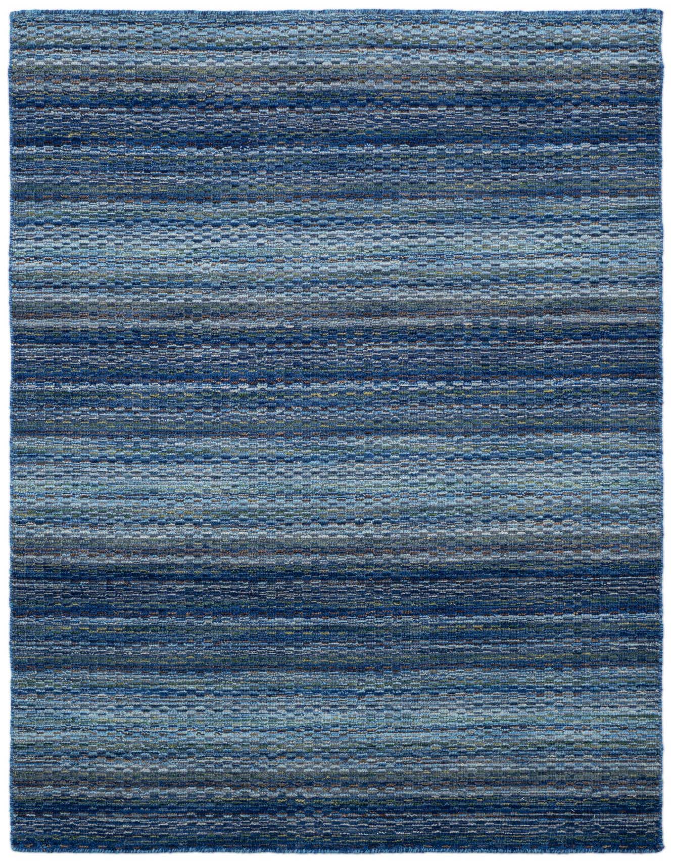 A 4x6 rectangular Darya rug with horizontal stripes in various shades of blue, gray, and subtle brown, showcasing a modern abstract pattern.