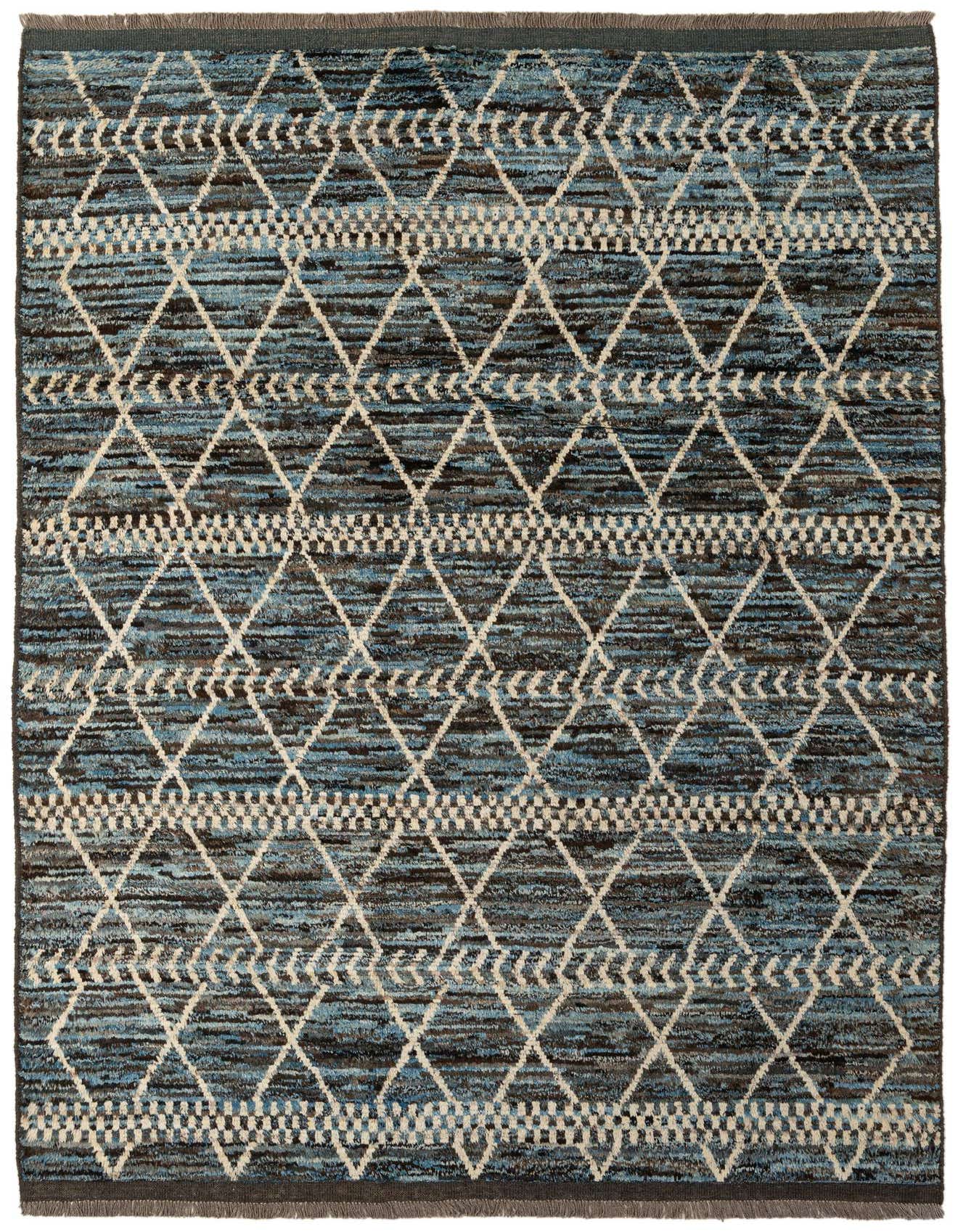 A 7x10 rectangular Darya rug with a modern geometric pattern in varying shades of blue, brown, and off-white.
