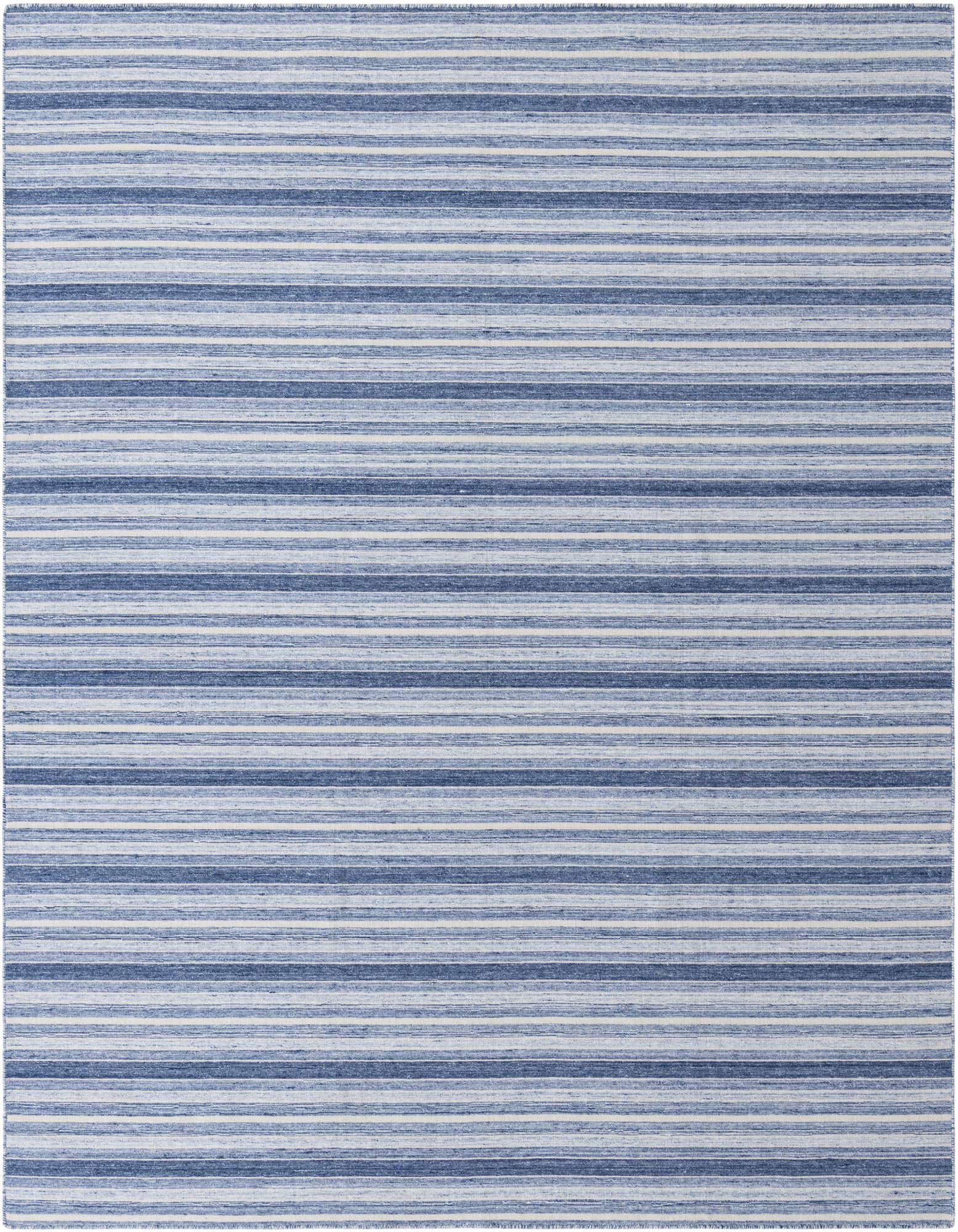 A rectangular 8x10 Darya rug with varying shades of blue and white horizontal stripes, suitable for a living room or bedroom.