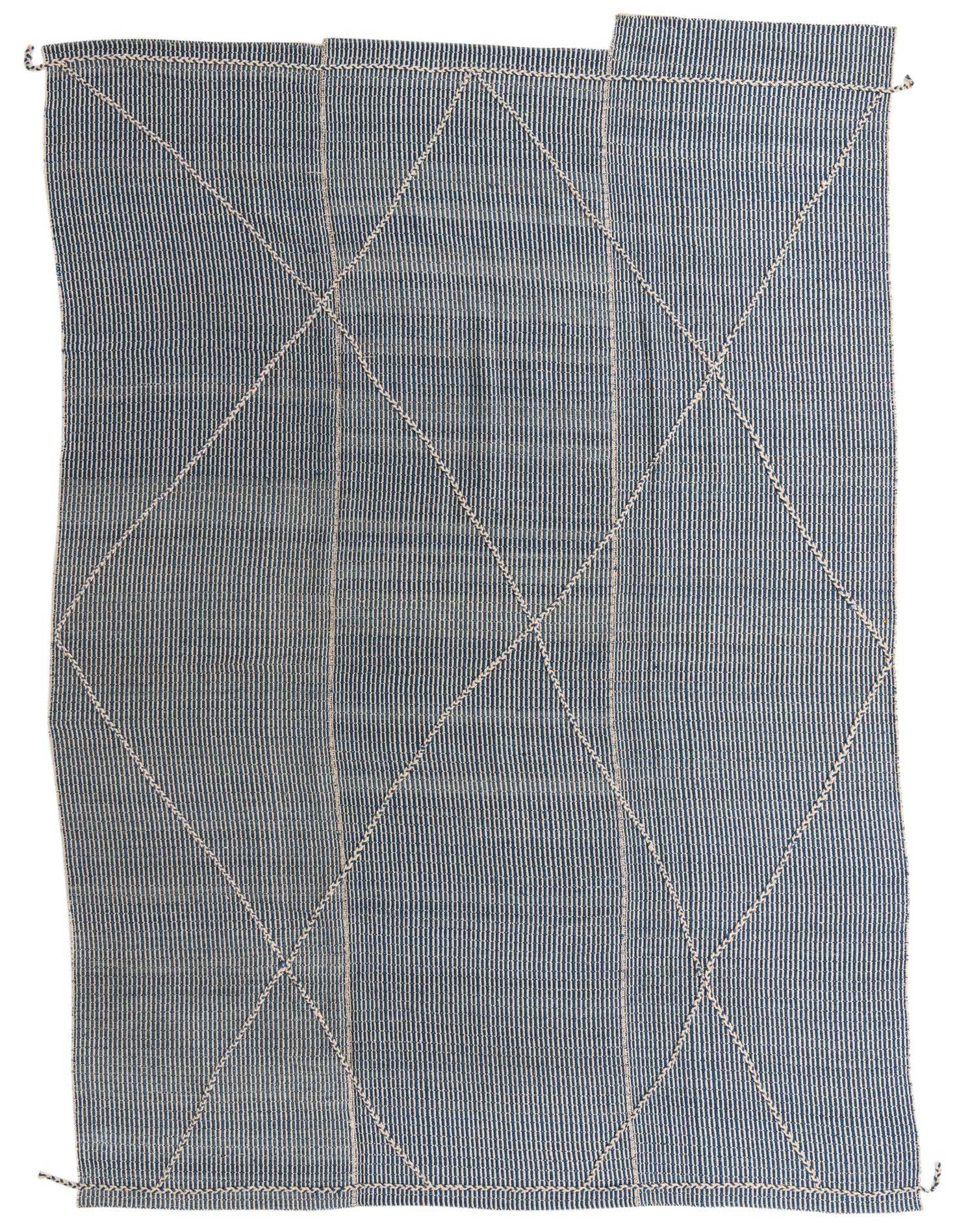 A large 10x14 rectangular blue wool rug with a modern oriental pattern of thin white diamond lines.