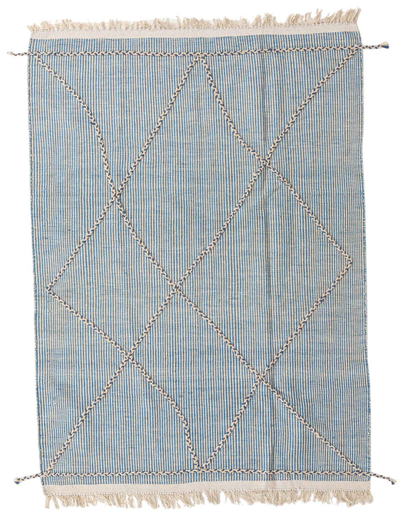 A 5x8 rectangular Darya rug in varying shades of blue with a modern striped pattern and textured ivory braided diamond overlay.