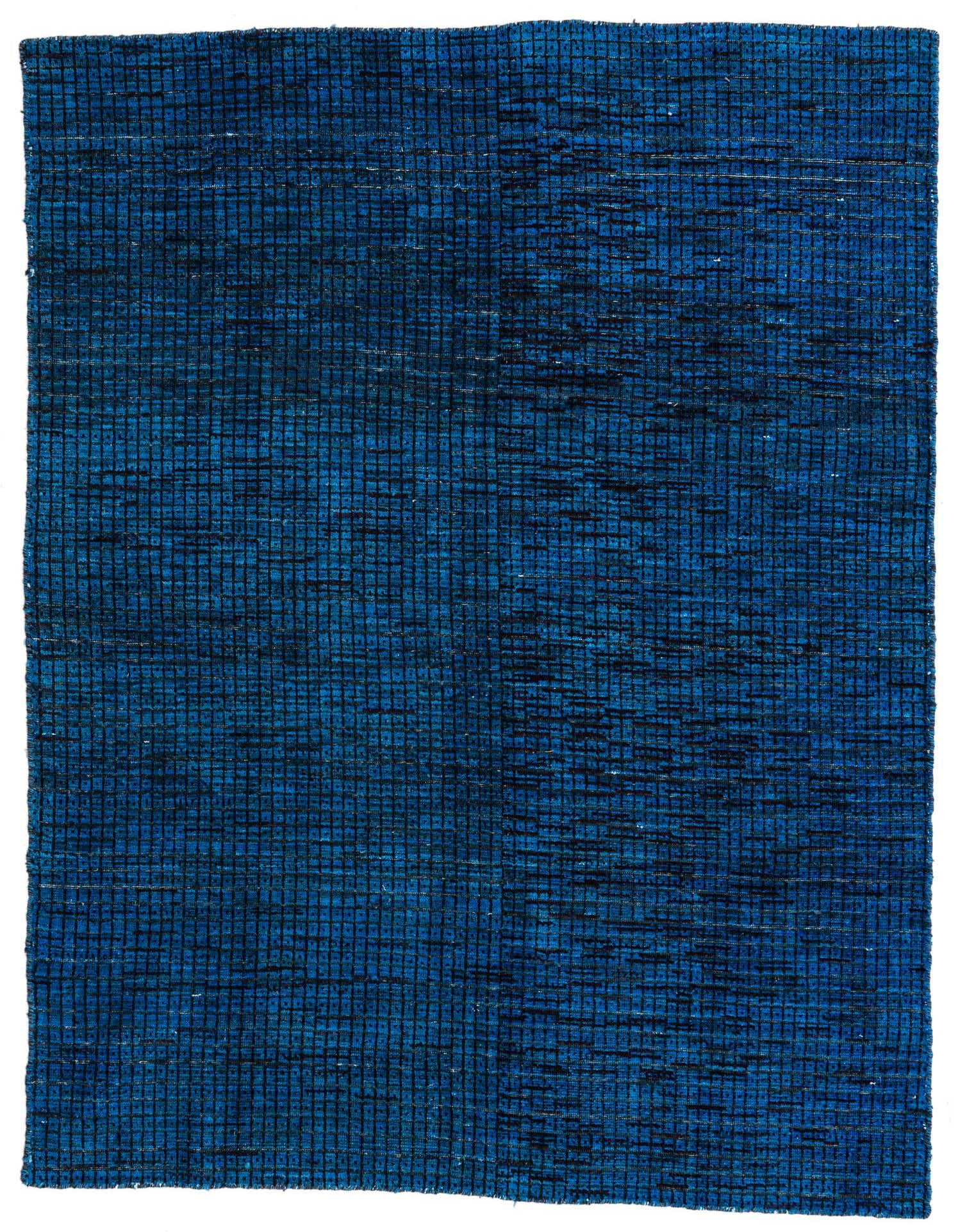 A 5x8 rectangular Darya rug in varying shades of blue, featuring a textured, modern grid pattern.