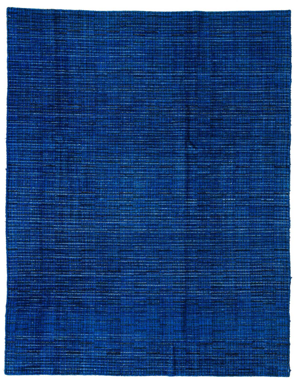 A 7x10 rectangular Darya Collection wool rug in varying shades of deep blue with a textured, striped pattern, ideal for a living room.