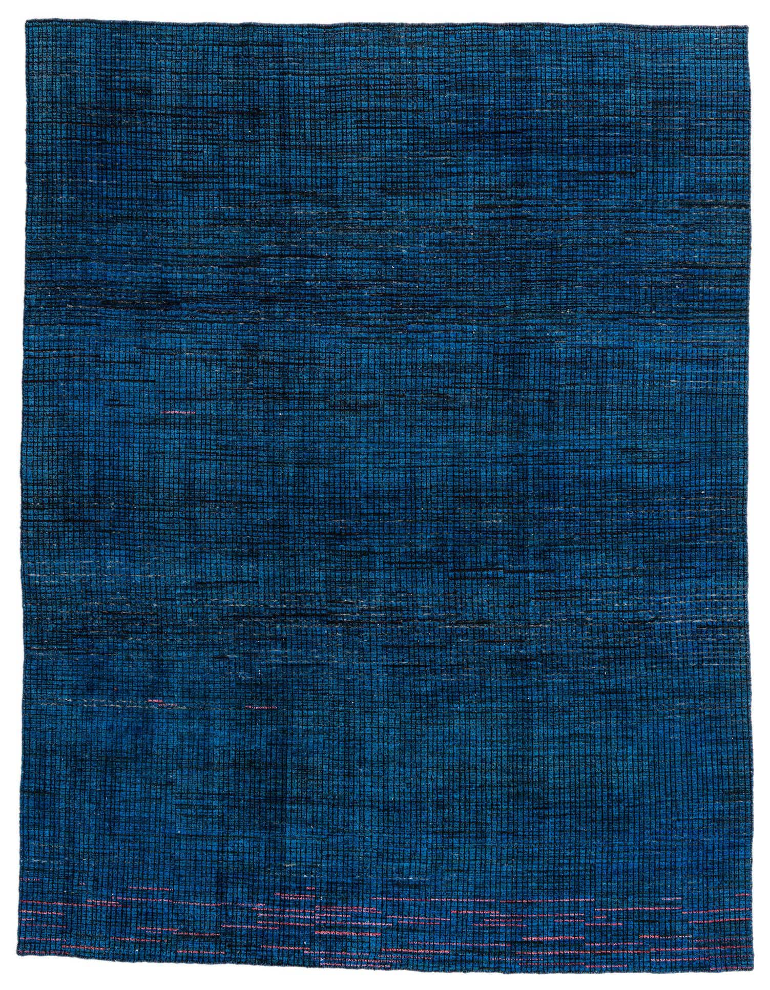 A large 9x12 rectangular Darya rug featuring a deep blue, modern abstract pattern with subtle variations in tone.