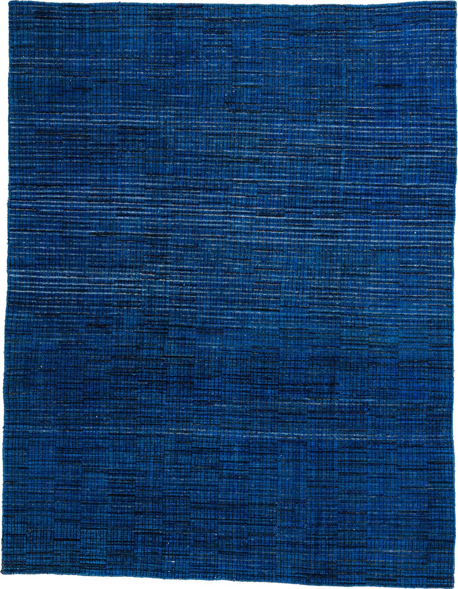A 7x10 rectangular Darya Collection wool rug in varying shades of blue, featuring a modern abstract pattern.