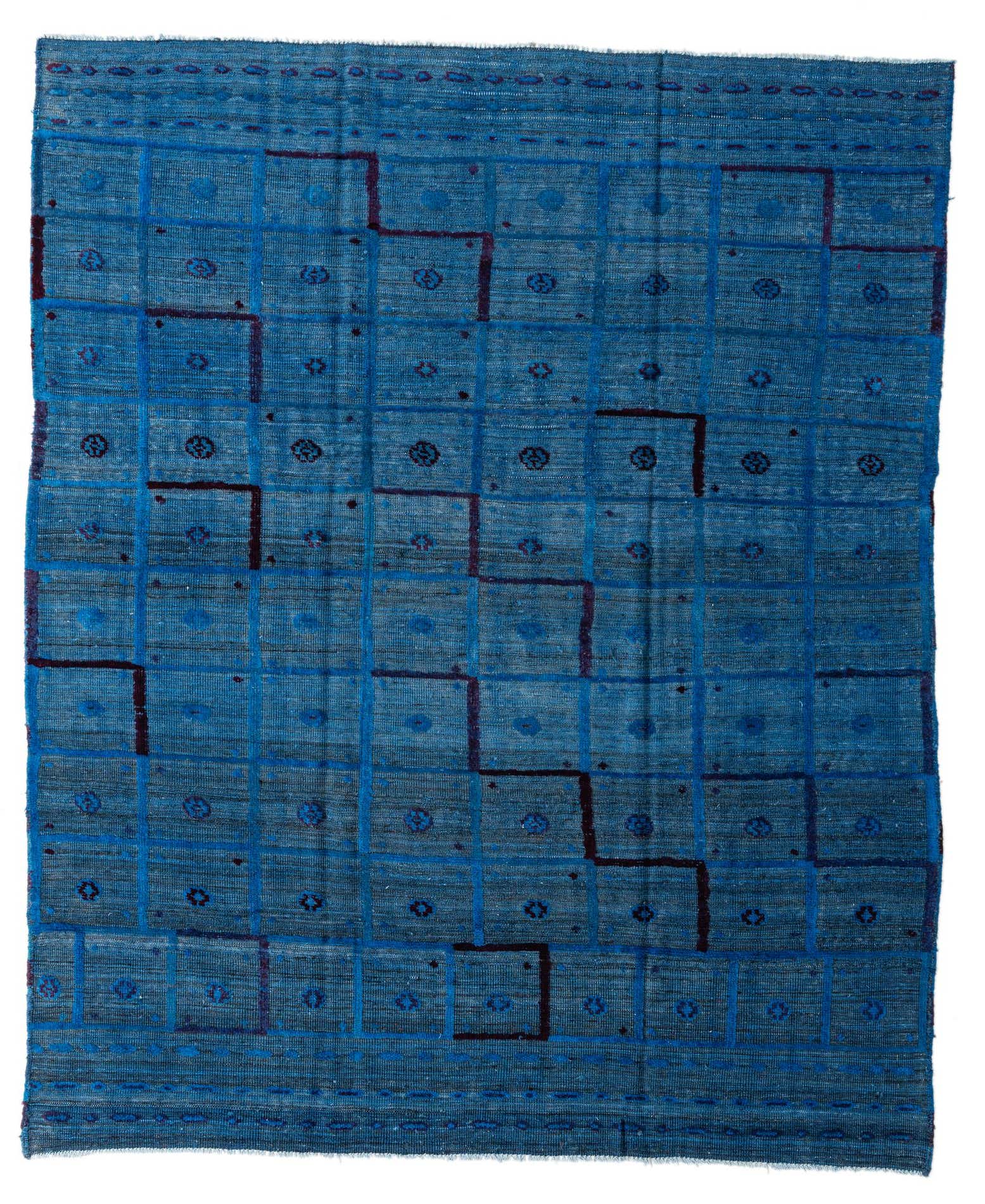 A rectangular 8x10 Darya rug in varying shades of blue, featuring a modern abstract grid pattern with subtle oriental motifs.