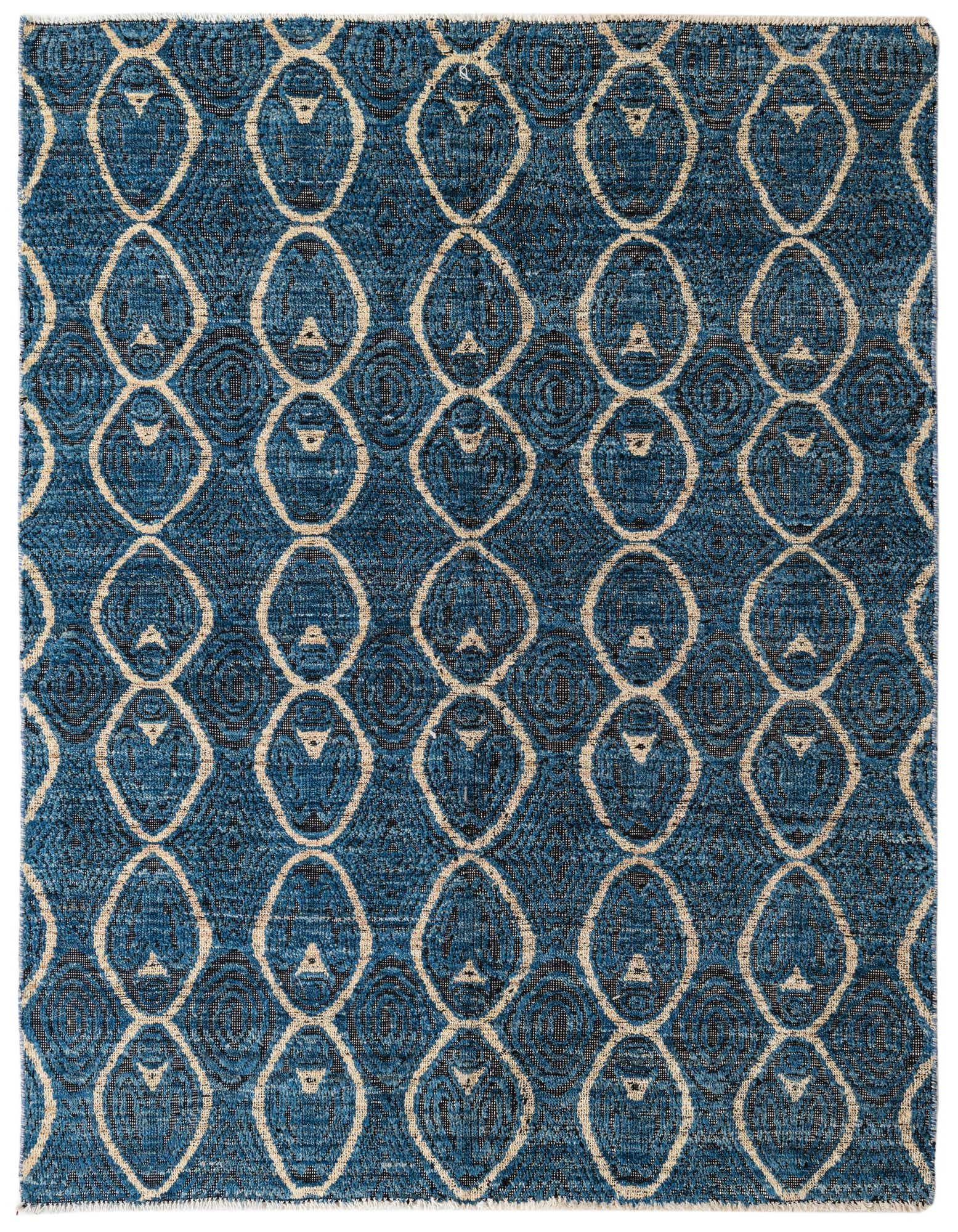 A 5x8 rectangular Darya rug with a high pile, featuring a modern abstract pattern of interlocking cream ovals on a rich blue background.