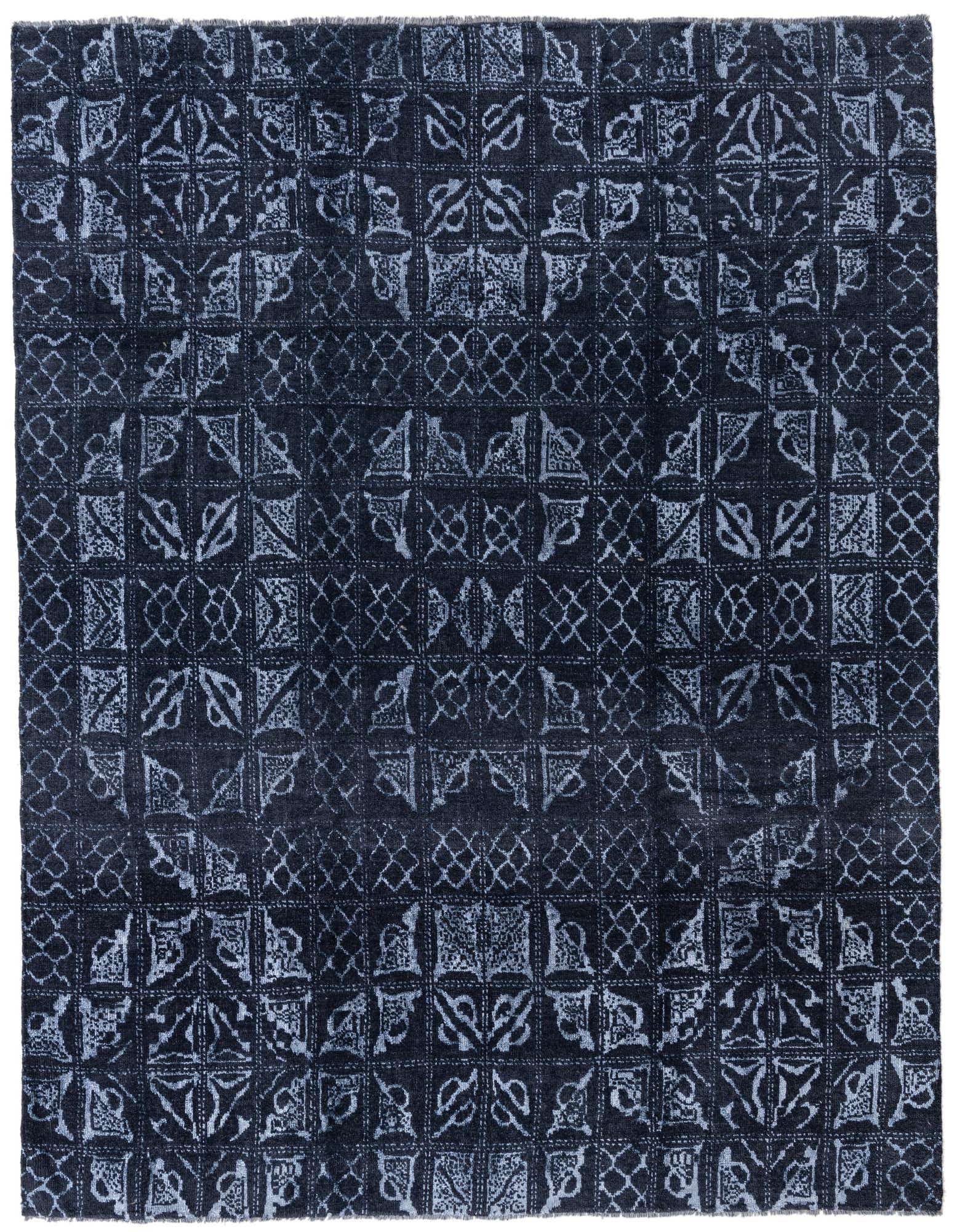 A rectangular 8x10 Darya rug in shades of blue, featuring a modern abstract pattern with oriental influences, suitable for a living room.