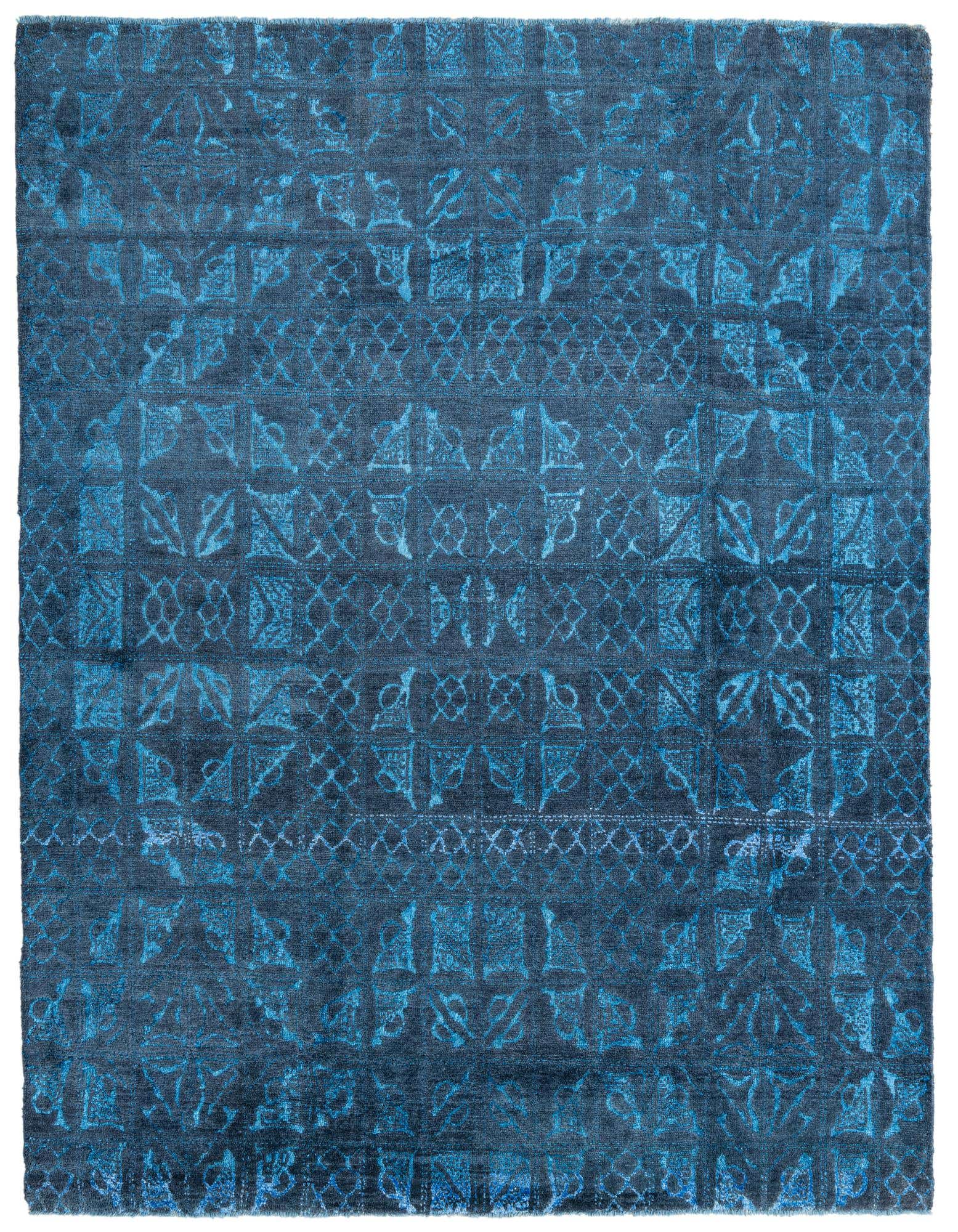 A rectangular 8x10 blue modern area rug with an abstract oriental pattern made of wool and silk.