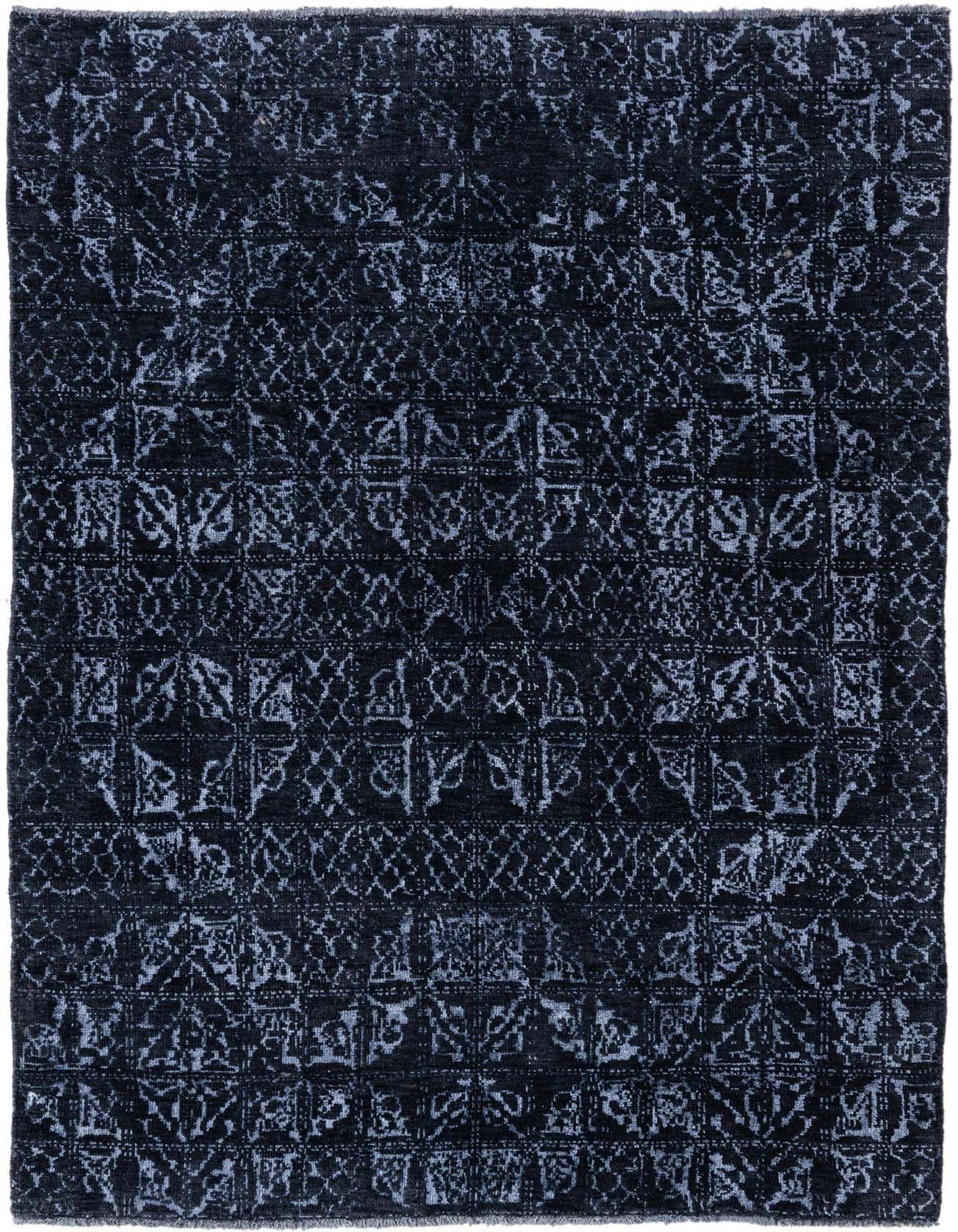 A 6x9 rectangular Darya rug in deep blues, featuring an abstract modern oriental pattern with a high pile, suitable for a living room.