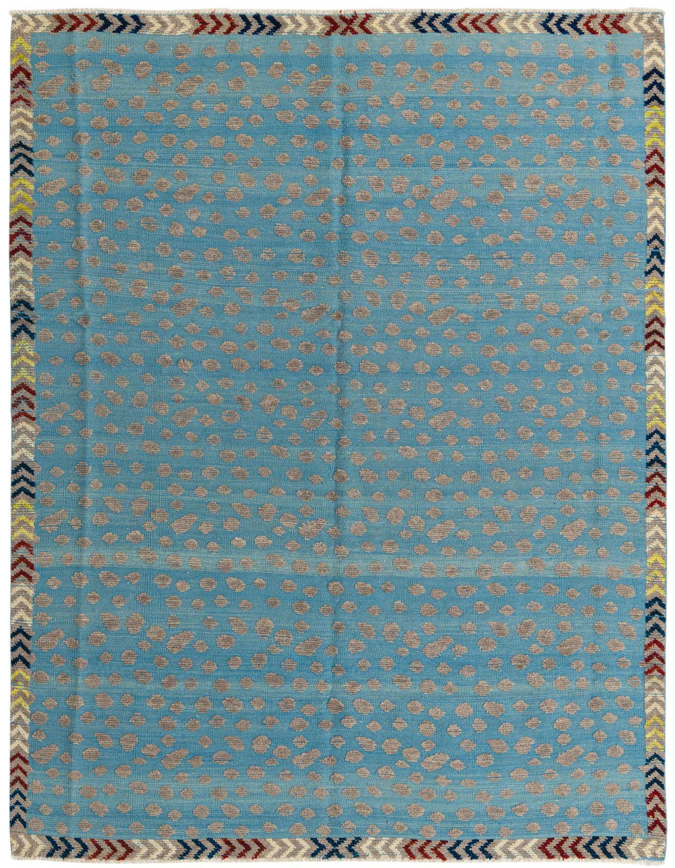 A 7x10 rectangular Darya rug with a blue field and scattered gray abstract dots, framed by a colorful chevron border.