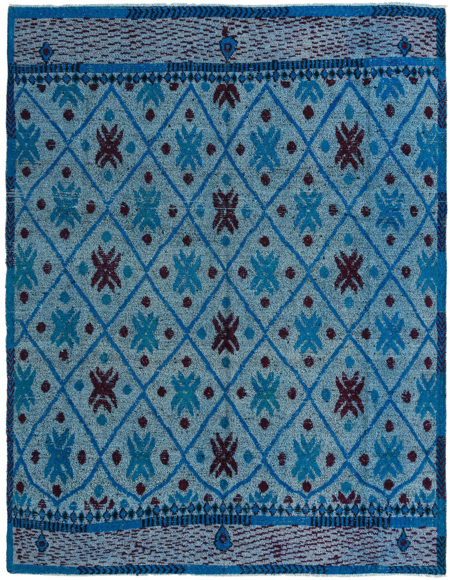 A rectangular 8x10 Darya rug with a modern abstract pattern in various shades of blue and hints of deep red.