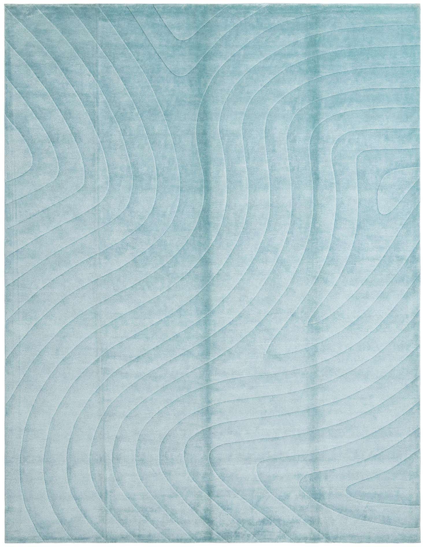 A 10x13 rectangular blue wool rug with a high pile and modern, wavy contour lines.