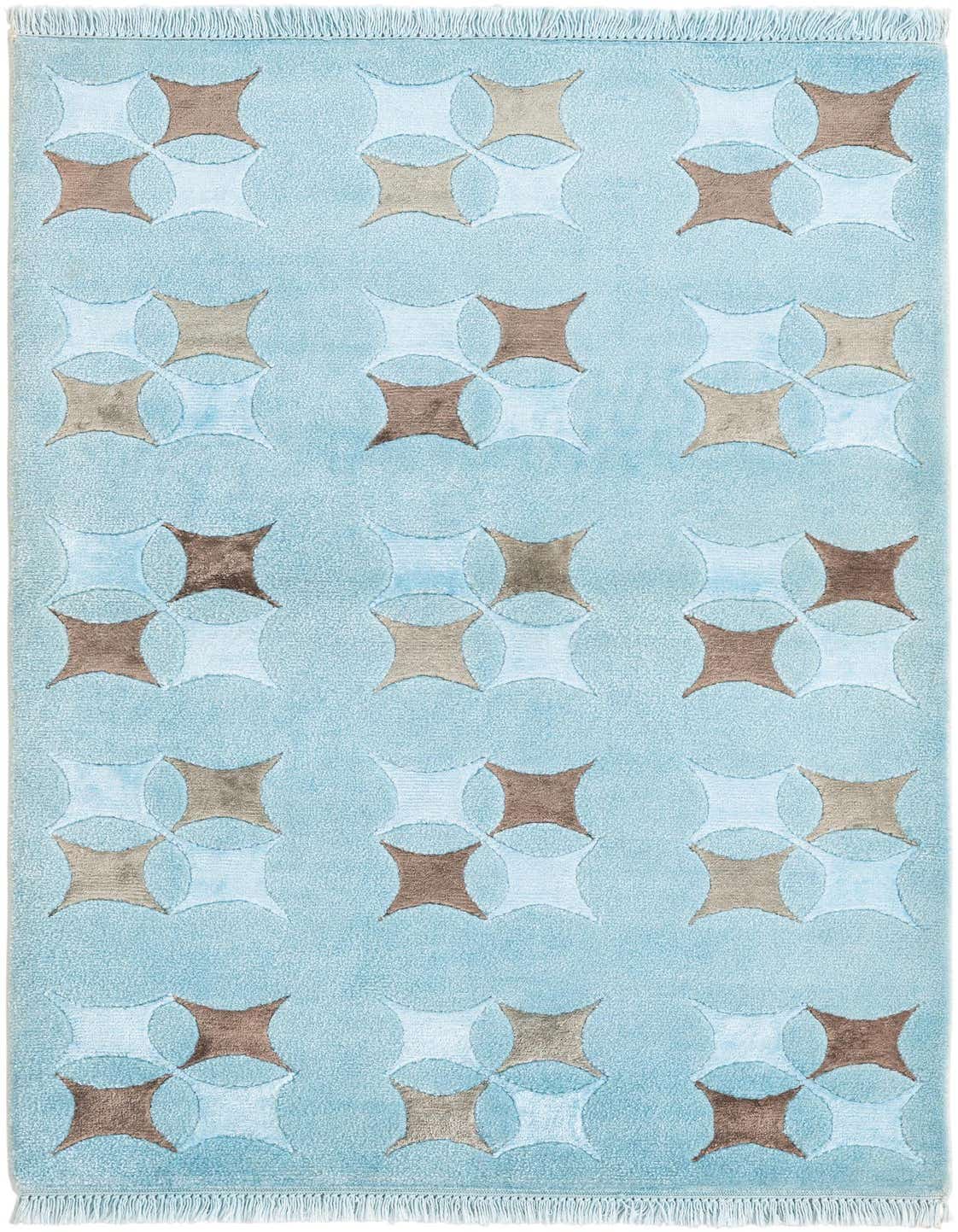 A 3x5 rectangular blue wool rug with a modern oriental pattern of repeating light blue and brown star-like shapes.