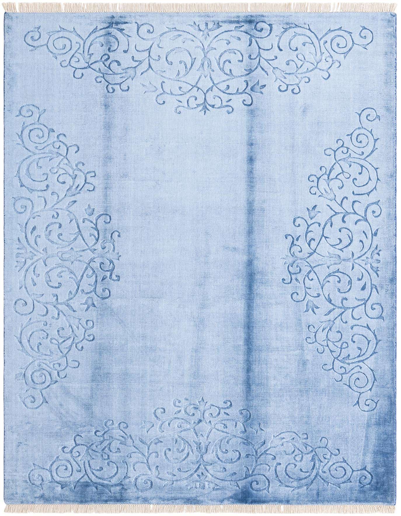 A 5x8 rectangular Darya rug in varying shades of blue, featuring a modern floral and scroll pattern, with fringe.