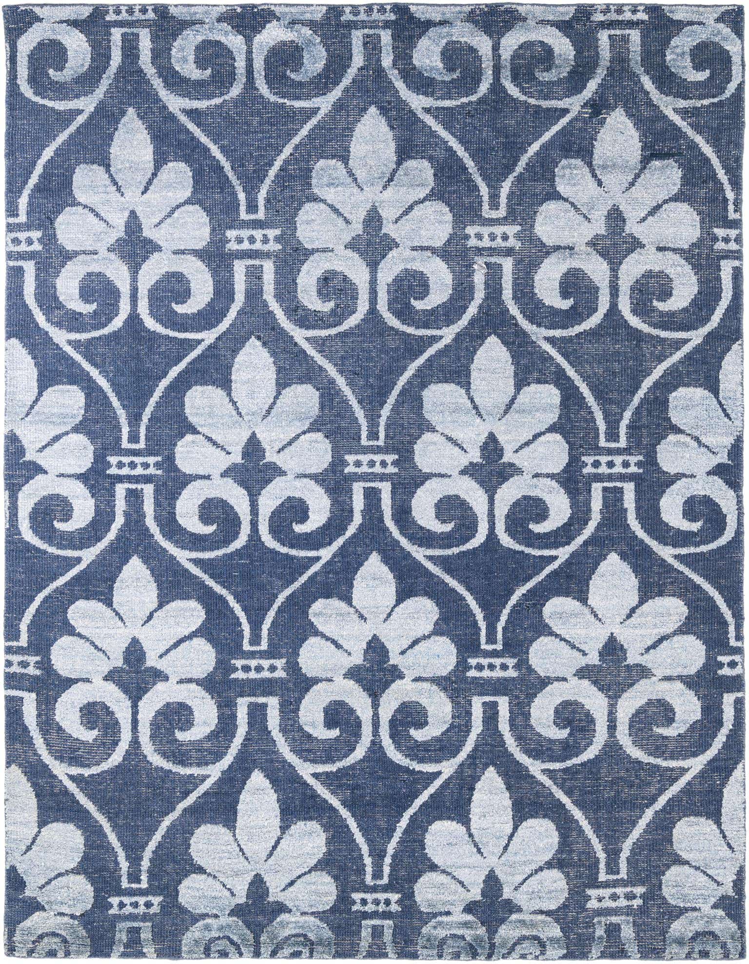 A 7x10 rectangular Darya rug with a modern blue and light blue floral and scroll pattern.